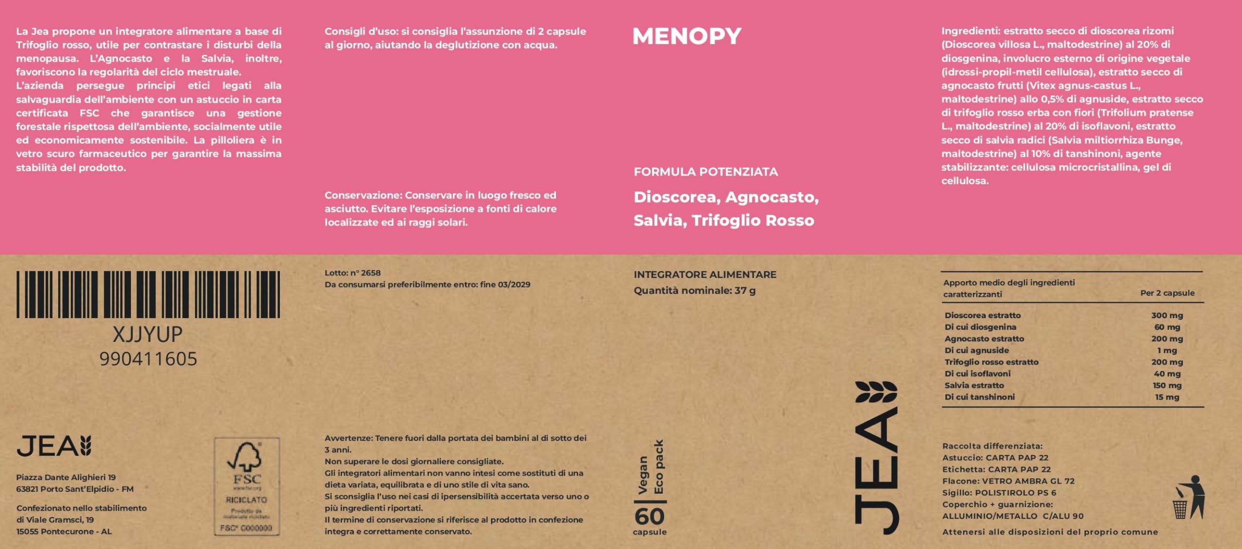 JEA Menopy Integratore Menopausa e Perimenopausa Donna 60 Capsule, Supporto Naturale con Dioscorea, Agnocasto, Salvia e Trifoglio Rosso, Equilibrio Ormonale e Benessere Femminile