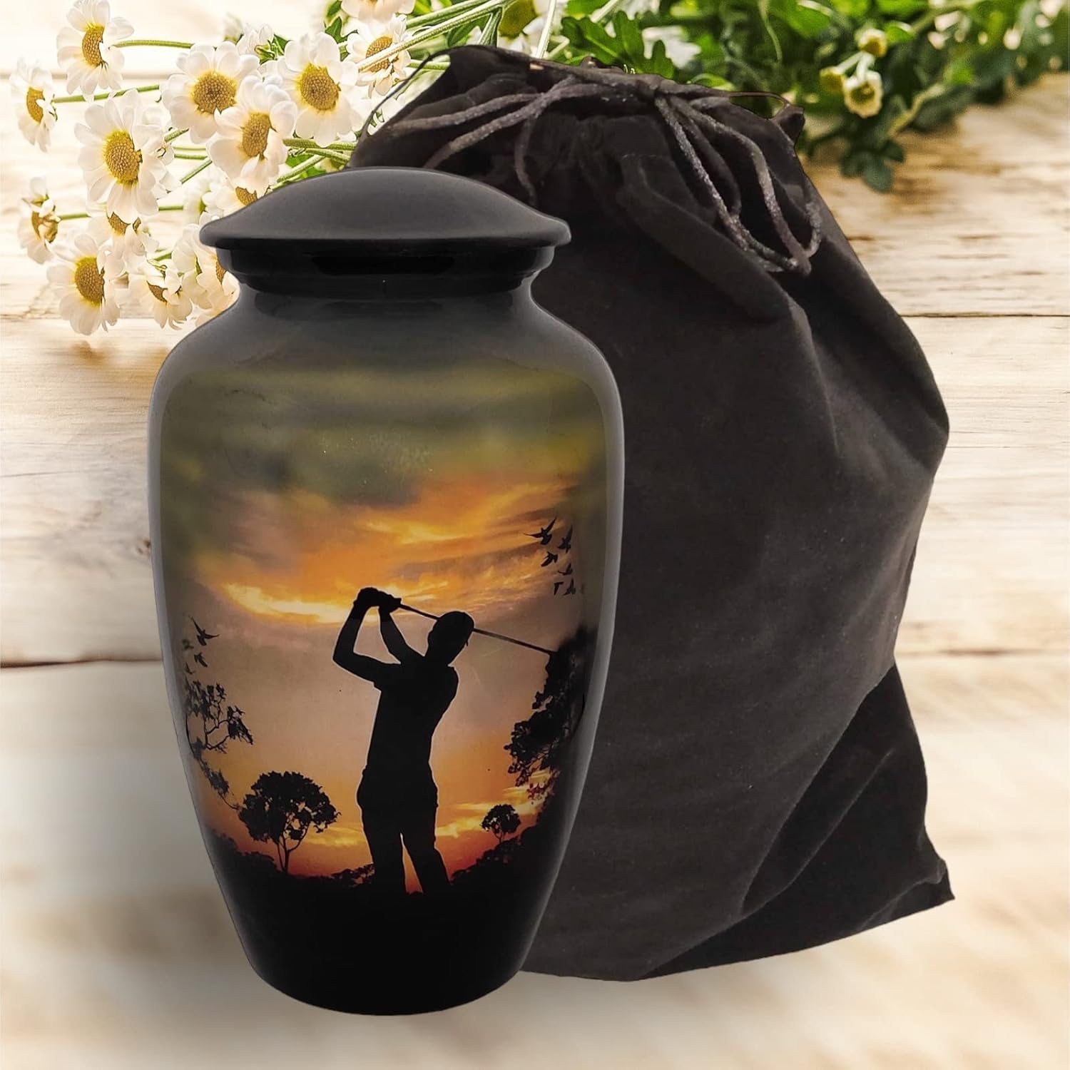 Cremation Urn, Burial Urns. Lovely Golfer Golf Design. Large Size 26 cms high, with Velvet Bag