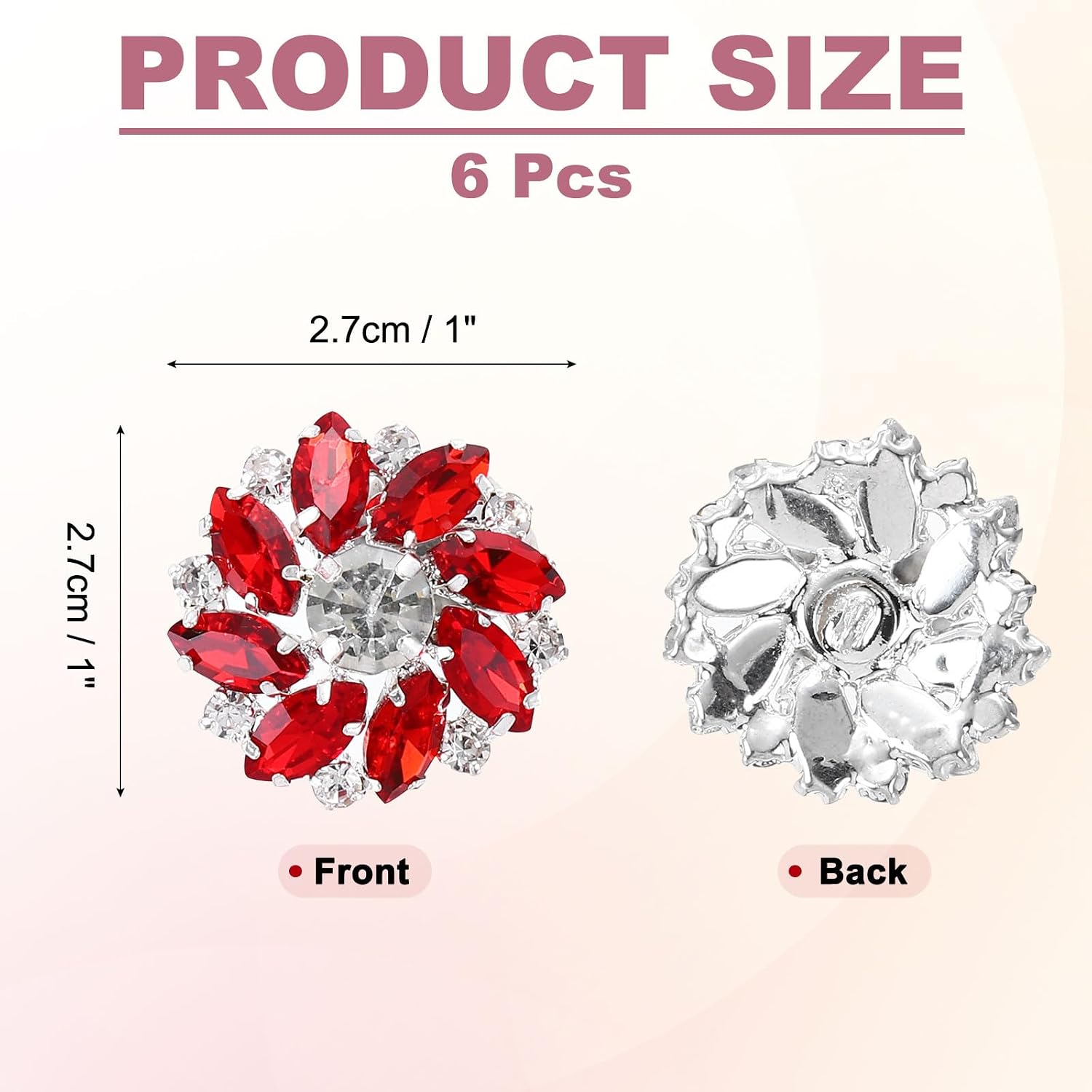 MECCANIXITY 6pcs Rhinestone Flower Sewing Buttons 1 Inch Crystal Shank Buttons for Jewelry Making Cloth DIY Sewing Embellishments, Silver Red