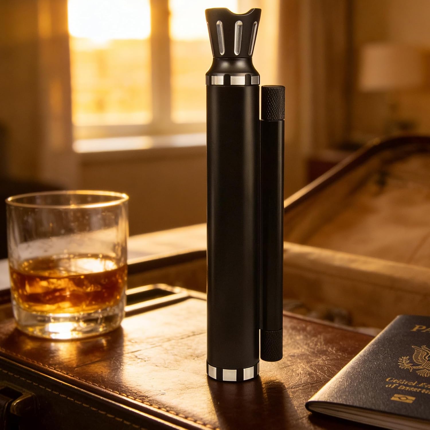 5 in 1 Portable Cigar Tube Case Humidor Aluminum Cigar holder with Cigar Puncher Long Needle Drill for Travel Airtight Gift box (Black, Single Cigar Tube with Tooling)