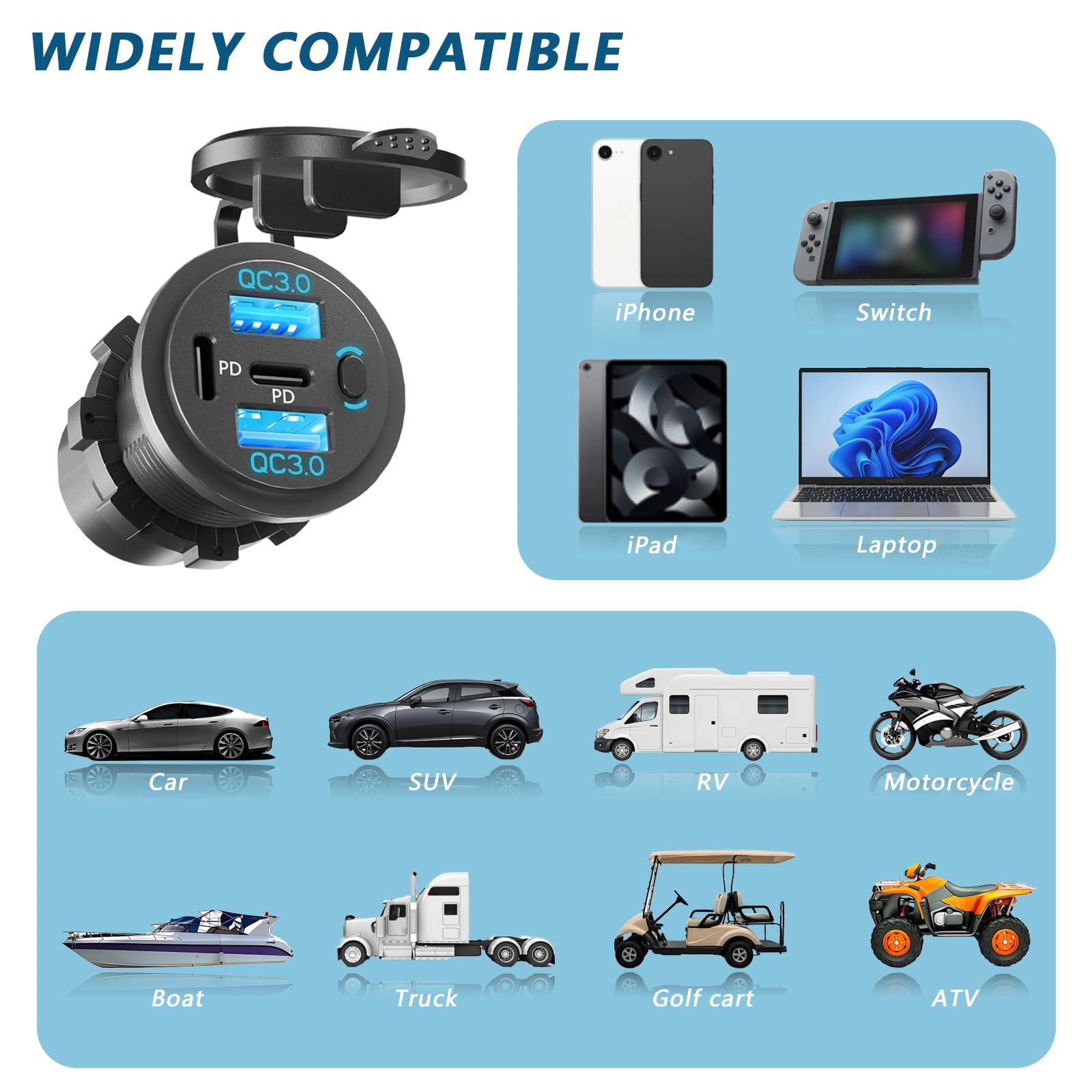 Puertos USB C duales PD y puertos USB 3.0 de carga rápida duales, salida USB de 12 V con interruptor, enchufe de cargador de coche impermeable de aleación de aluminio, accesorios para coche, barco,