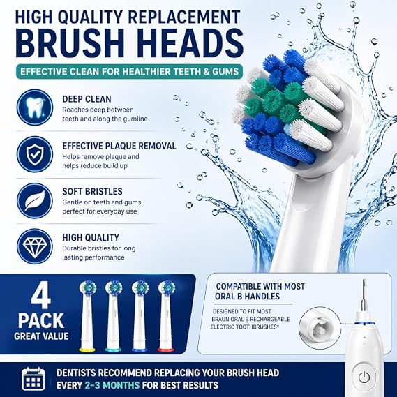 Electric Toothbrush Heads 4 Pack, Replacement Heads Compatible with Oral-B