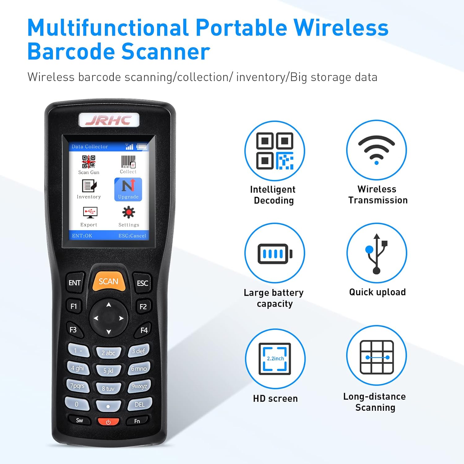 Wireless Barcode Scanner, Portable Inventory Scanner 1D 2D&PDF417 Data Collector Data Terminal Inventory Device with 2.4GHz Wireless & USB Wired Connection Bar QR Code Scanners