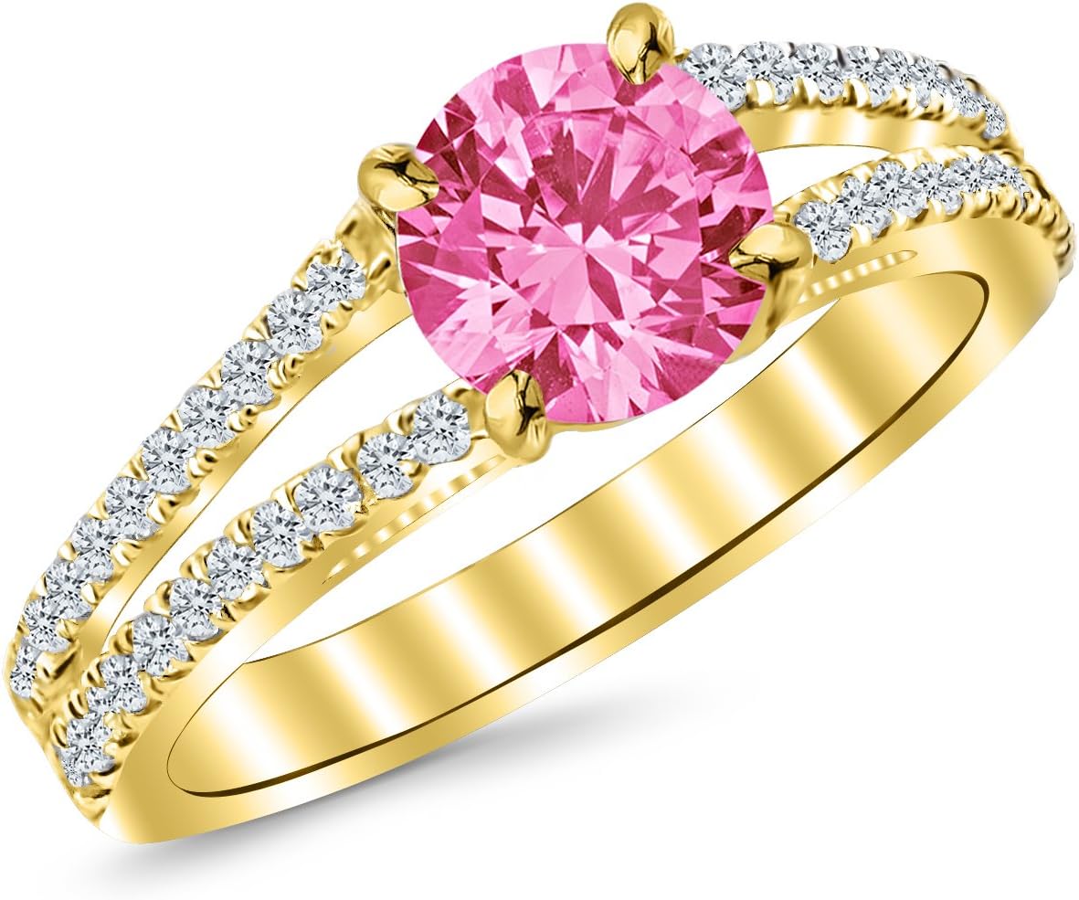 1.15 Carat 14K White Gold Classic Double Row Pave Set Split Shank Diamond Engagement Ring with a 0.75 Carat Natural Pink Sapphire Center (Heirloom Quality)