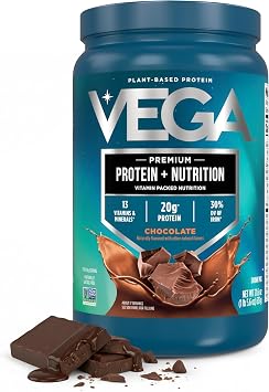 Vega Protein + Nutrition 20g Plant Based Vegan Protein Powder, Chocolate for a Dairy-Free Protein Shake Large Tub, 1.4lbs 17 Servings