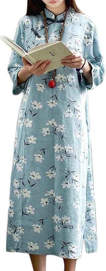 Womens Cotton Linen Cheongsam Dress with White Magnolia Flowers Vintage Chinese Qipao for Wedding,Party,Evening Wear