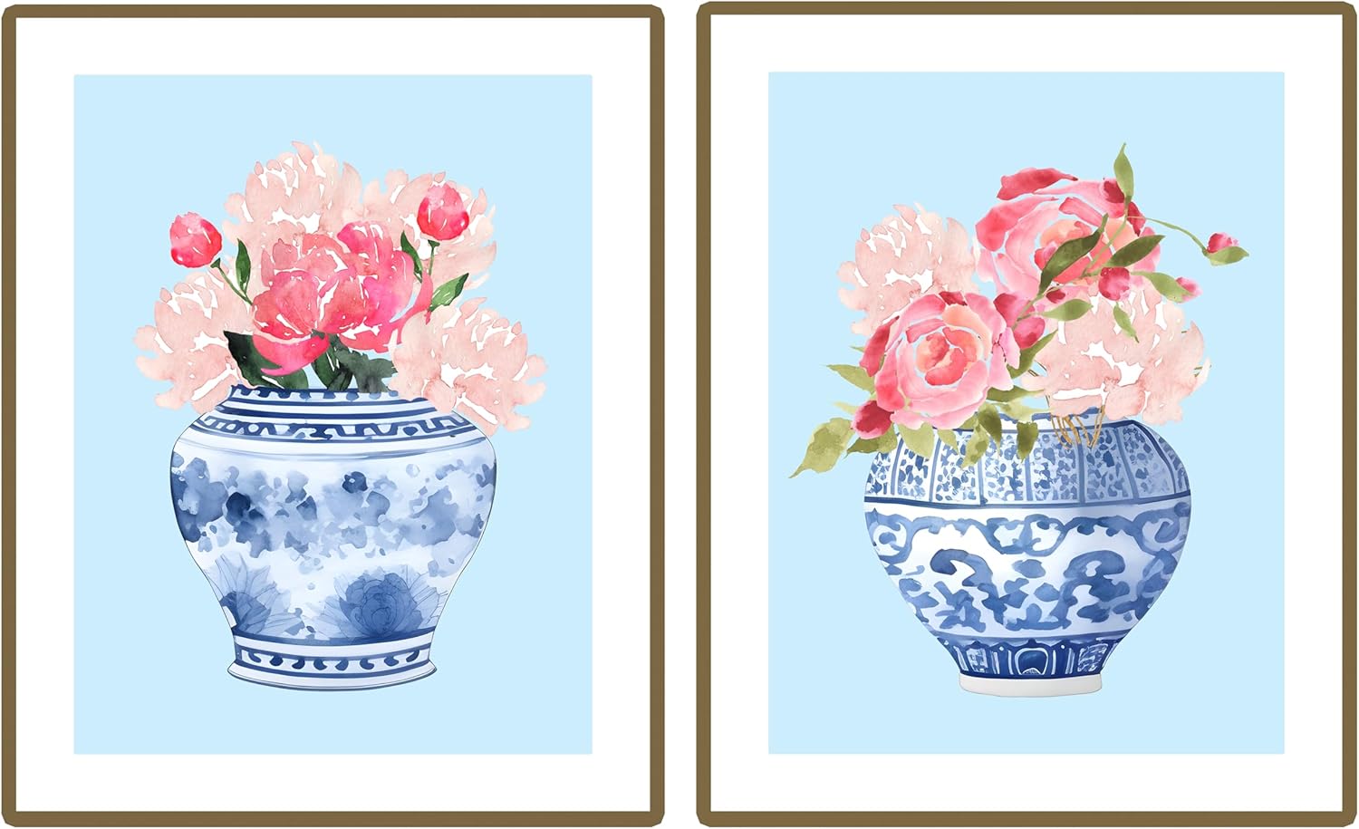 Pink Peonies in Chinoiserie Porcelian Vases Wall Art Prints.11x14 - UNFRAMED Watercolor Flowers in Antique Chinese Ginger Jars - Set of 2.
