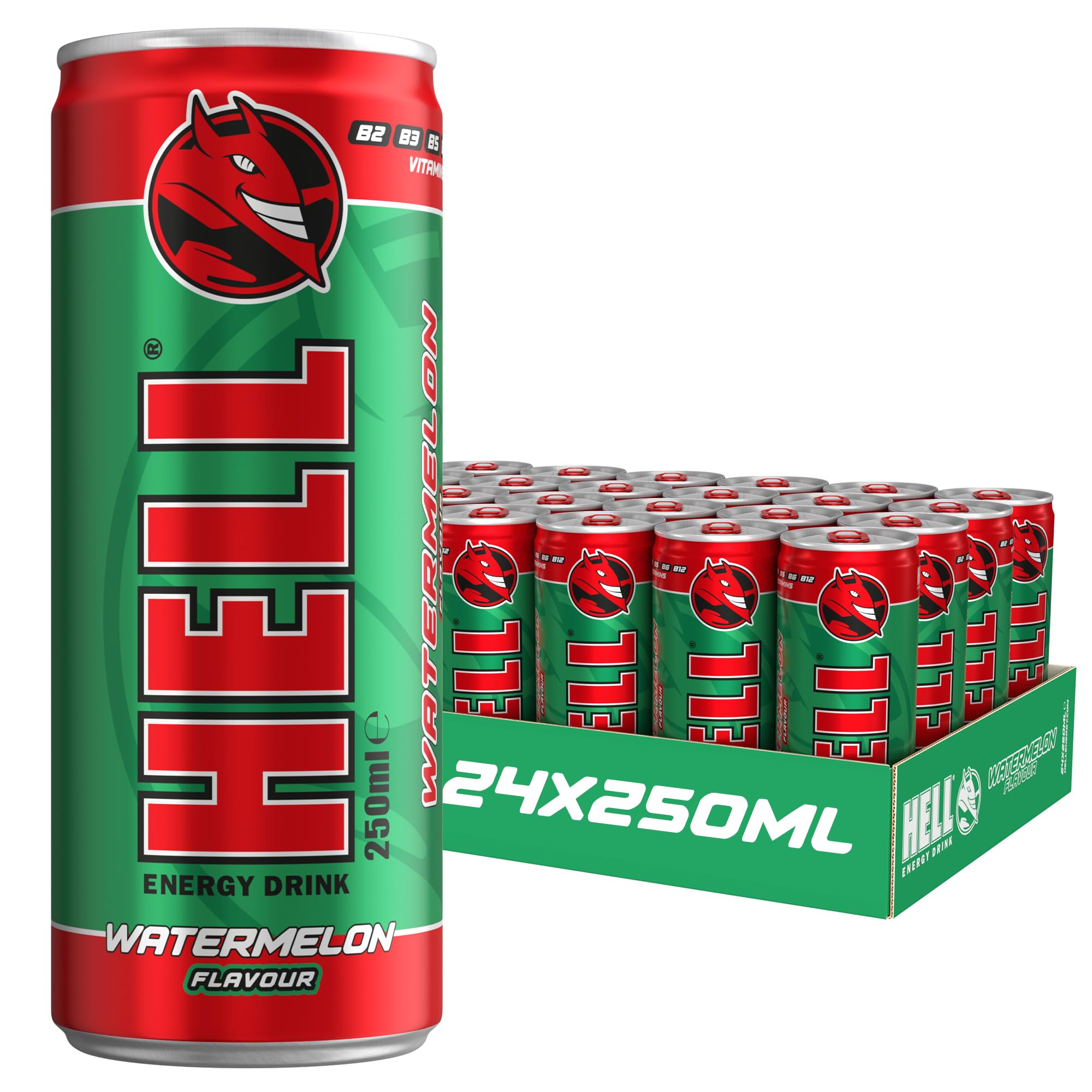 HELL Energy Drink Watermelon Flavour | 24 x 250ml Cans Multipack | 32mg/100ml Caffeine | Contains Vitamins B2 B3 B5 B6 B12 | Preservative Free | Vegan | Reduce Fatigue & Boost Energy
