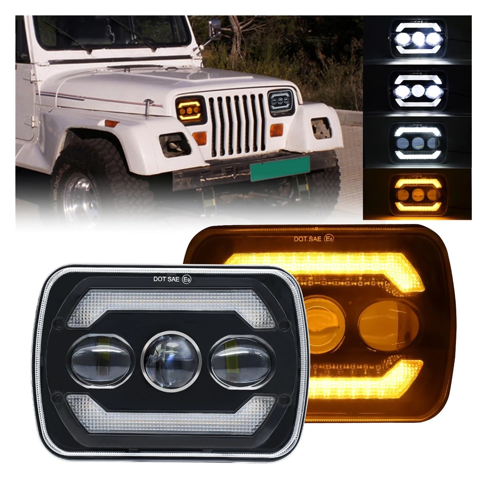 Fendinebbia 2 Pezzi Fari A LED Da 7 Pollici Con Abbaglianti/anabbaglianti Bianchi DRL Indicatore Di Direzione Ambrato Faro Quadrato Da 7'' 6000K 180W Gruppo Faro Anteriore