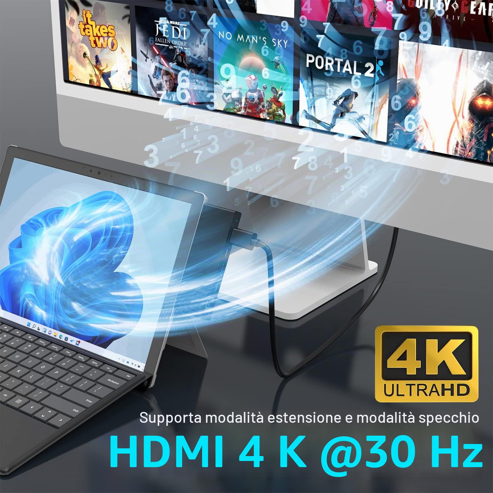 Surface Pro 7 Hub, Rocketek 7-in-1 Microsoft Surface Pro 7 dock con HDMI 4K / 60Hz, Adattatore Ethernet 1000M, PD 60W Type-C Caricare, slot SD/TF, 2 porte USB 3.0 - solo per Surface Pro 7