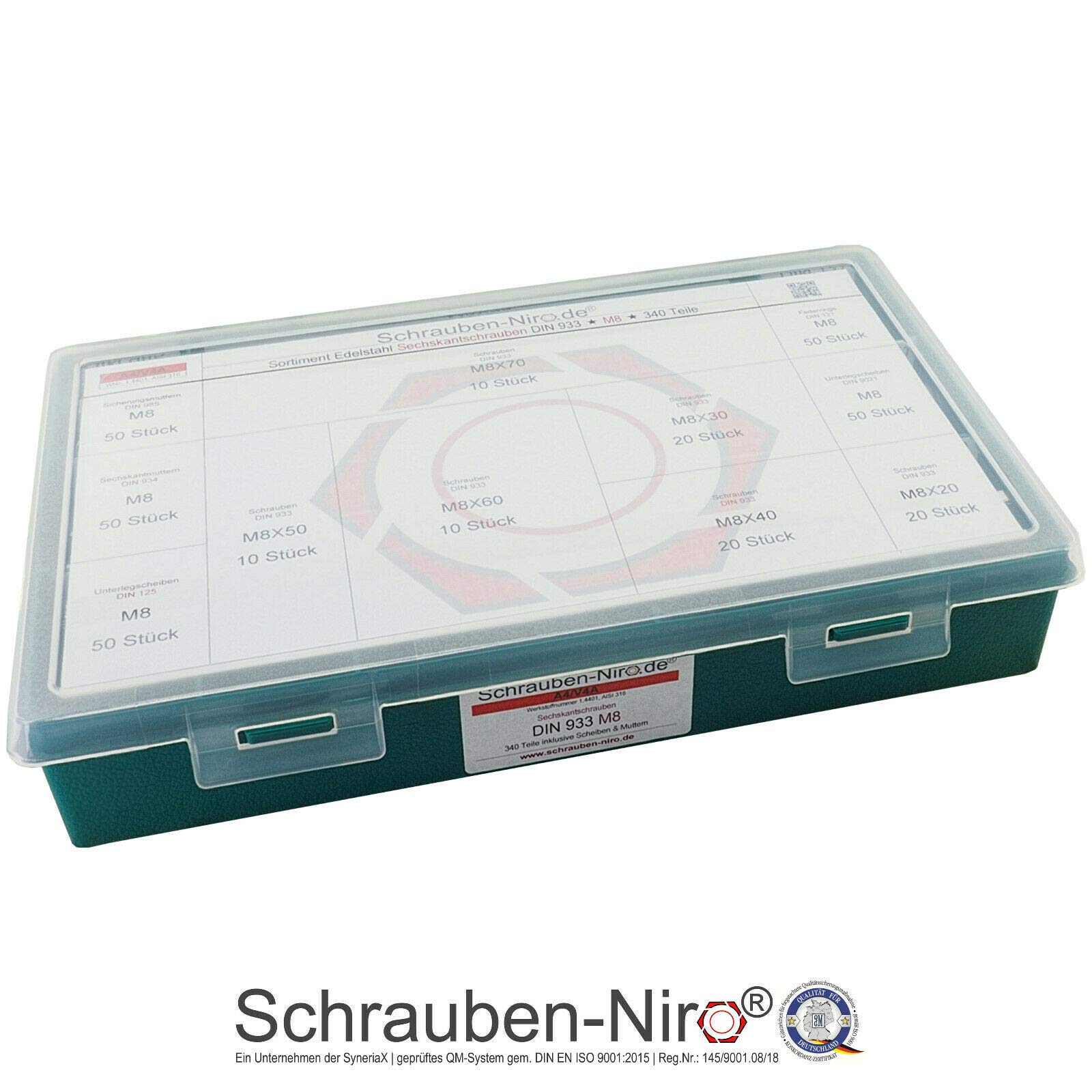 Schrauben-Niro.de M8 DIN 933 Edelstahl A4 (V4A) Sechskantschrauben mit Gewinde bis Kopf - Set mit 340 Teilen für Industrielle Anwendungen, Bauwesen, Heimwerkerprojekte