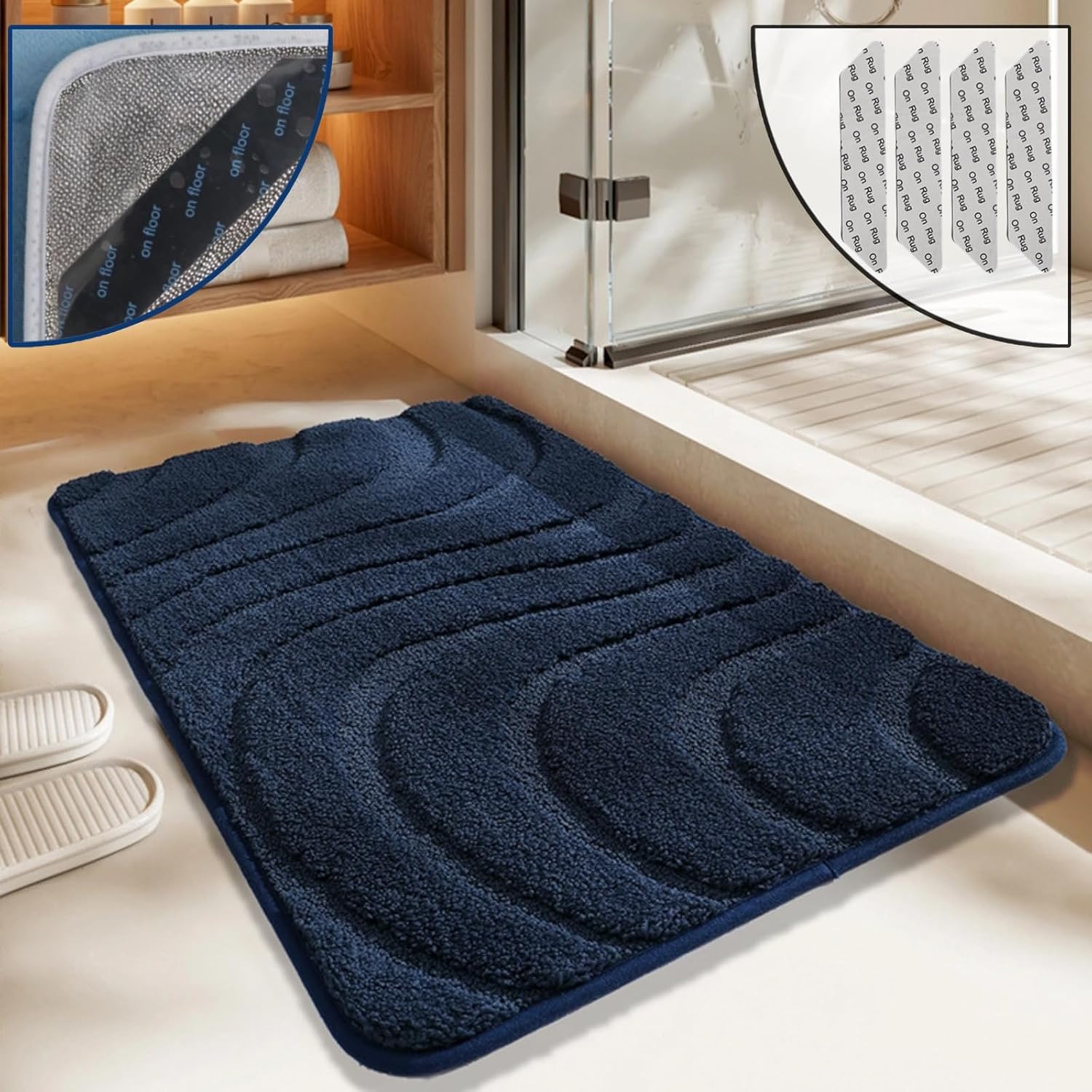 Luxury Bathroom Rugs Mat – 2cm/0.78inch Thick Extra Soft Absorbent Bath Rugs, Non-Shedding, Machine Wash, Non-Slip Shaggy Plush Carpet for Shower Room (STU - Deep Blue, 16''×24''&40cm×60cm)