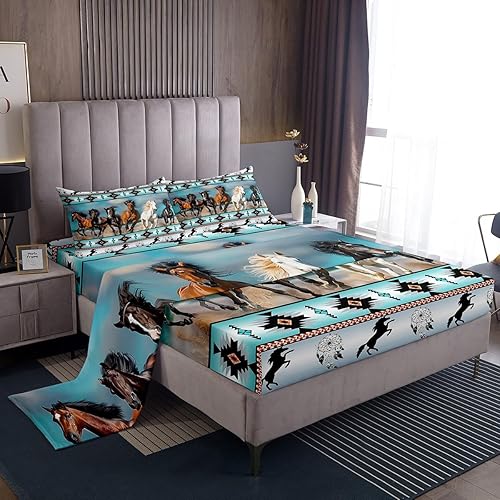 Juego de sábanas aztecas con estampado de caballos tribales africanos, sábana bajera ajustable de animales de granja, tribu étnica, atrapasueños,