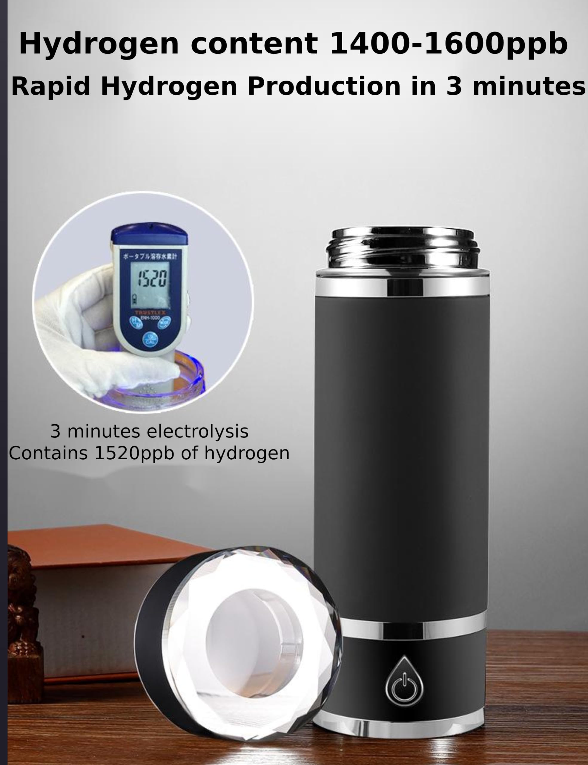 Botella de Agua de Hidrógeno Pro 3 en 1 y Base de Generador de Agua de Hidrógeno Portátil y Vaso Aislado - Tecnología PEM SPE de 420 Ml con Caja de Regalo de Cuero y Tubo de