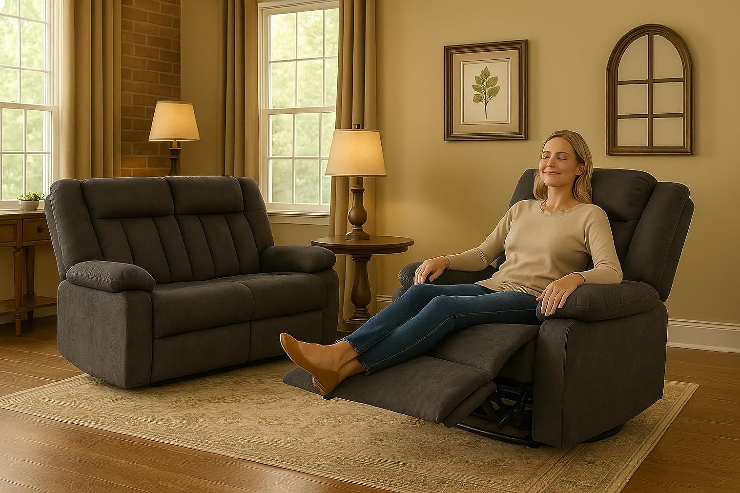 LUCKLIFE Recliner Sofa Set with Manual Recliners,Living Room Furniture Set with Reclining Couch,Loveseat and Armchair,Breathable Fabric Upholstery,Thick Cushions and Ergonomic Design,Dark Gray (2+1)