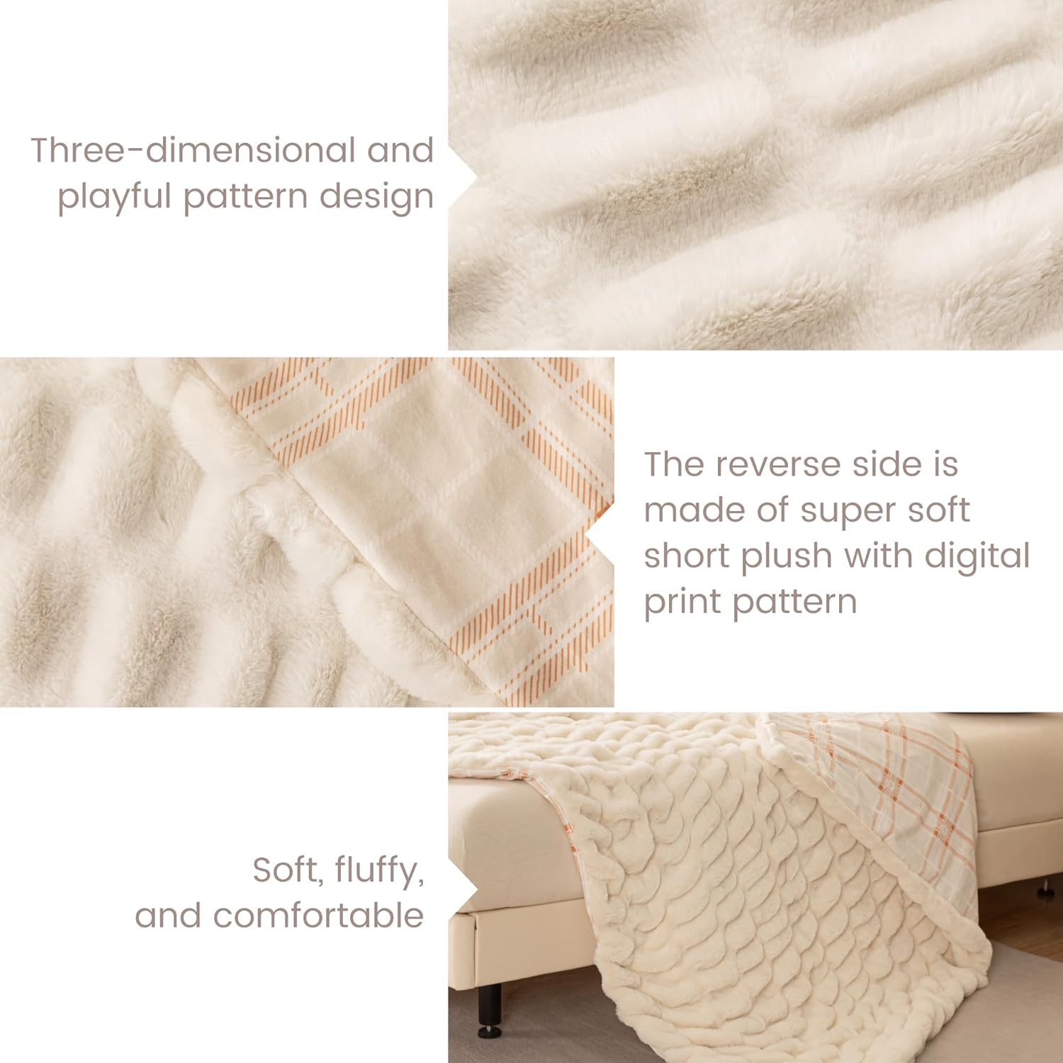 Sophia & William Ruched Faux Fur Throw Blanket for Couch - Luxury Lightweight Plush Fuzzy Cozy Soft Blankets, Cream, 50" x 60"