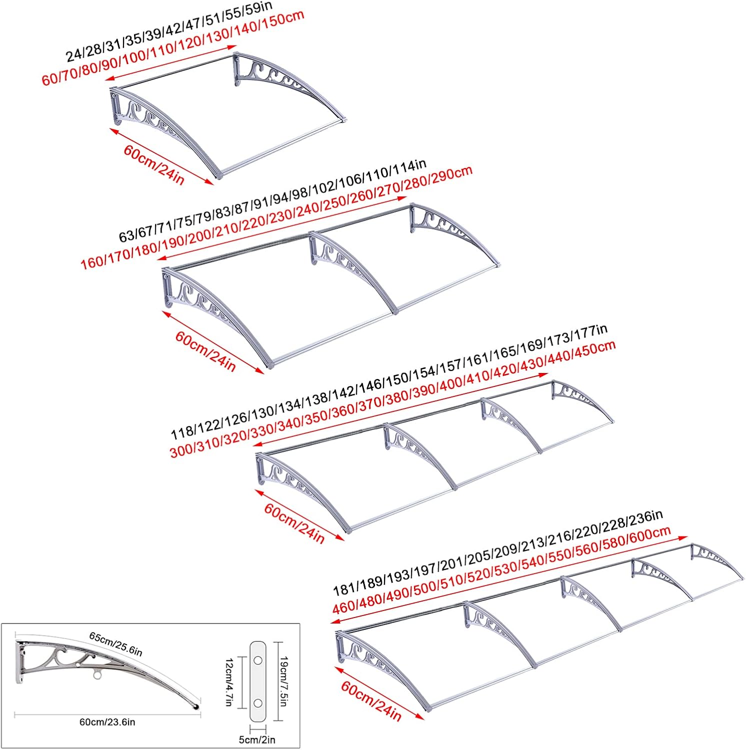Porch Canopy Outdoor Awning Patio awnings Front Door Canopy Window Awning with Aluminum Alloy Large Sink,Roofing Rain Shelter,Patio Porch Awning Shelter,Polycarbonate Cover,Drain on Both Sid