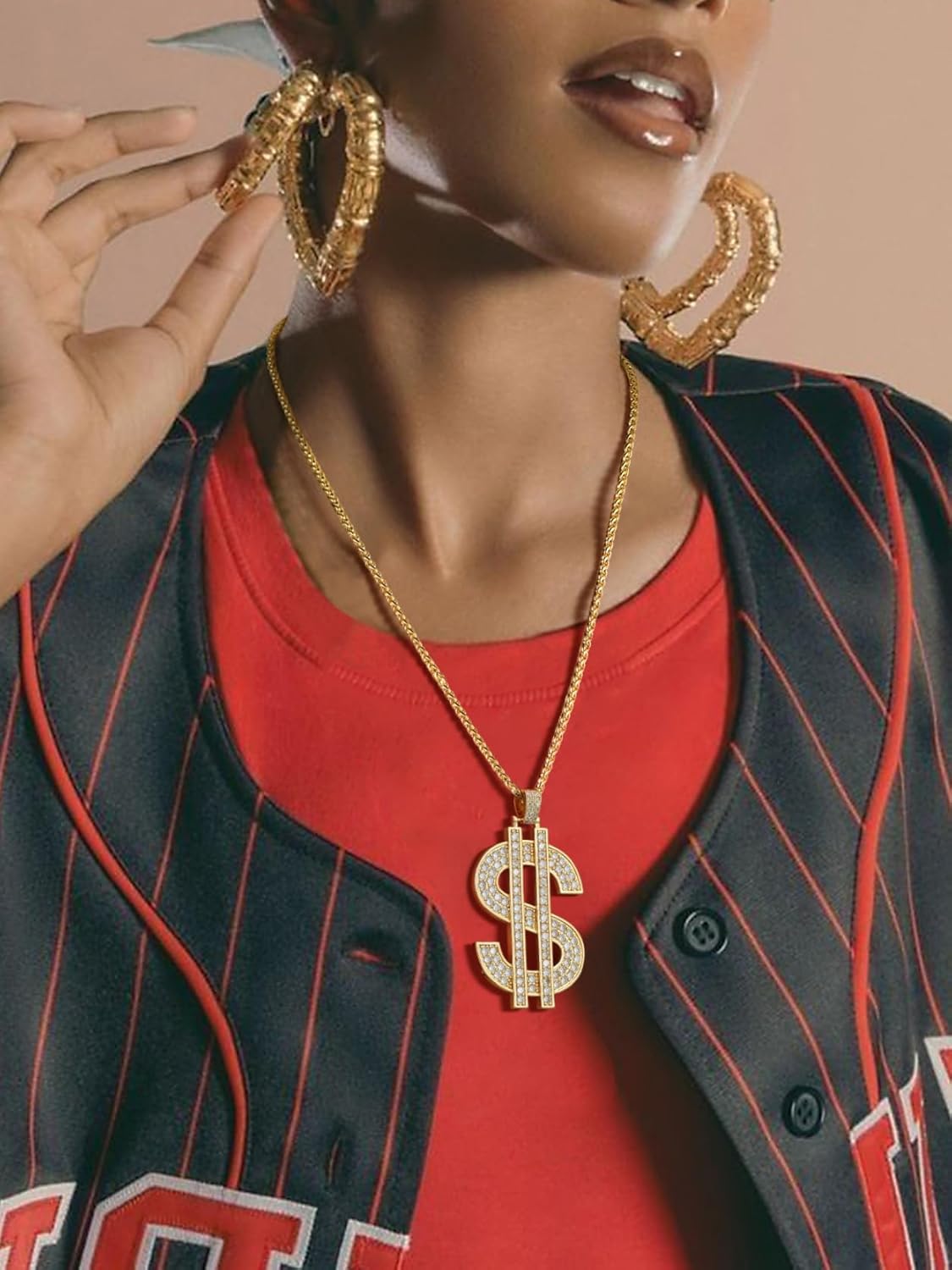 KeyStyle Dollar Sign Chain for Men, Fake Diamond Money Pendant Necklace Hip Hop Rhinestone Rapper Costume Jewelry Fashion Pendants with 22/28 Inches Wheat Chain