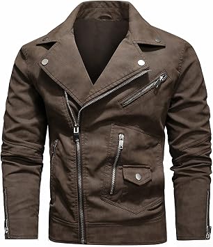 Mens Leather Jacket, Mens Bomber Leather Jacket, Slim Lapel Motorcycle Jacket Coat, Cold Weather Coat, Autumn and Winter, Leather Jacket, Motorcycle Jacket Color Brown, Size S