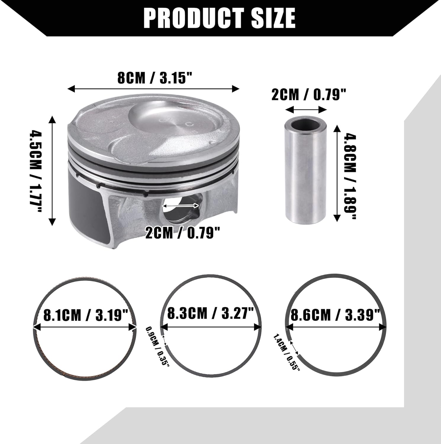 No.230412E210 / Inner/Engine Piston and Pin and Snap Ring for Hyundai Elantra 2014-2016 For Kia Forte 2014-2018 / Piston Rings Kit/Metal / 1 Set/Silver Tone