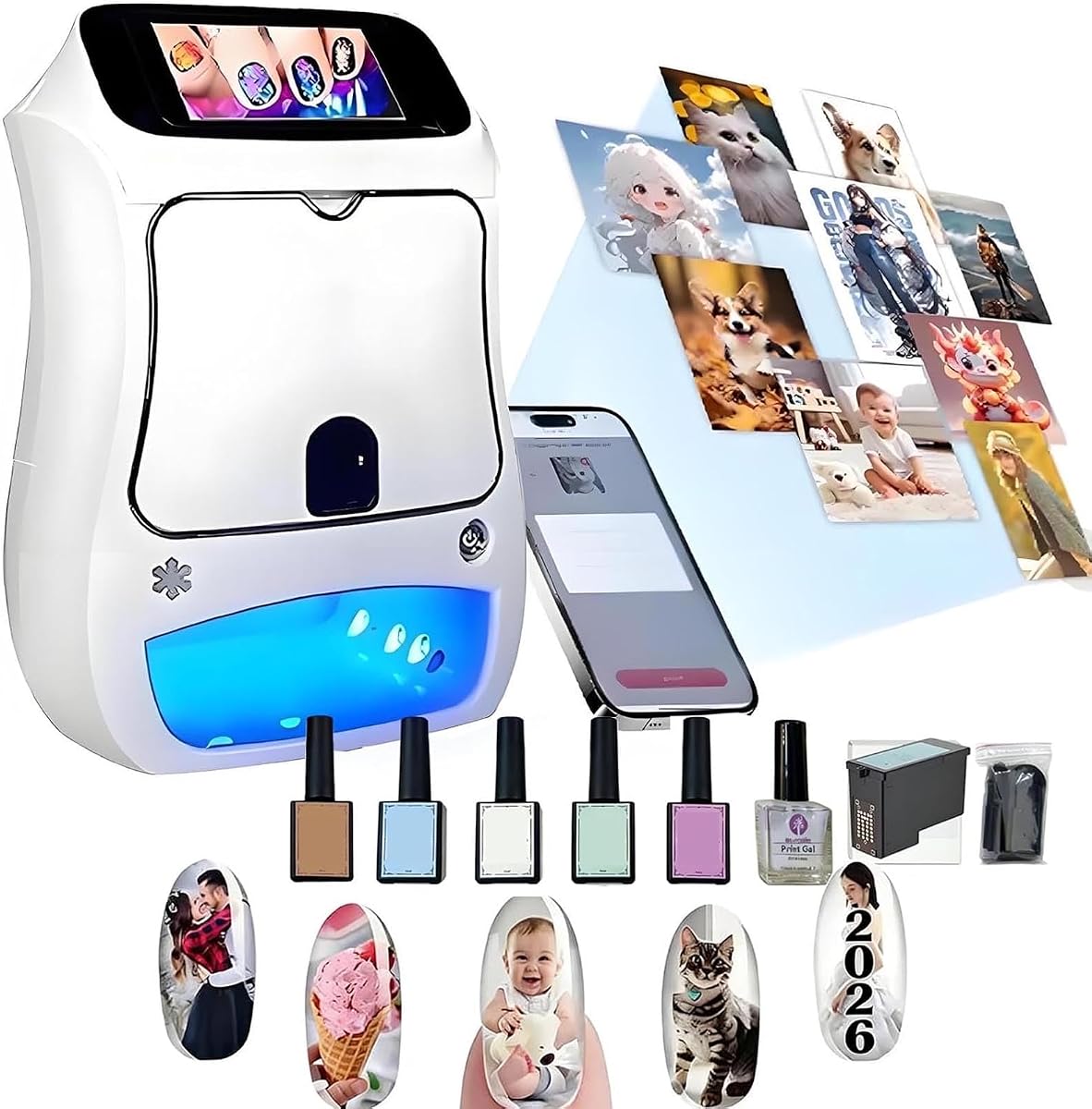 Impresora De Uñas Máquina De Impresión De Arte De Uñas,Impresora De UñAs,Impresora De Uñas Digital Móvil Inteligente Diy Art-2026 Actualización De Pantalla Táctil/Secado,Control De Aplicaciones/Reconocimiento Automático De Forma/Dibujo Rápido10s