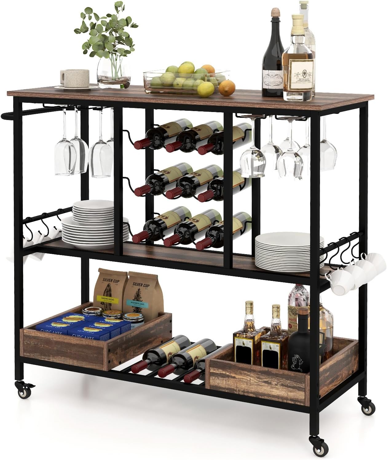 COSTWAY Bar Cart for The Home, 3 Tiers Industrial Beverage Cart w/Glass Racks, Wine Holders, Hooks & Storage Trays, Lockable Wheels, Small Serving Station for Kitchen, Dining Room, Vintage Grey Oak