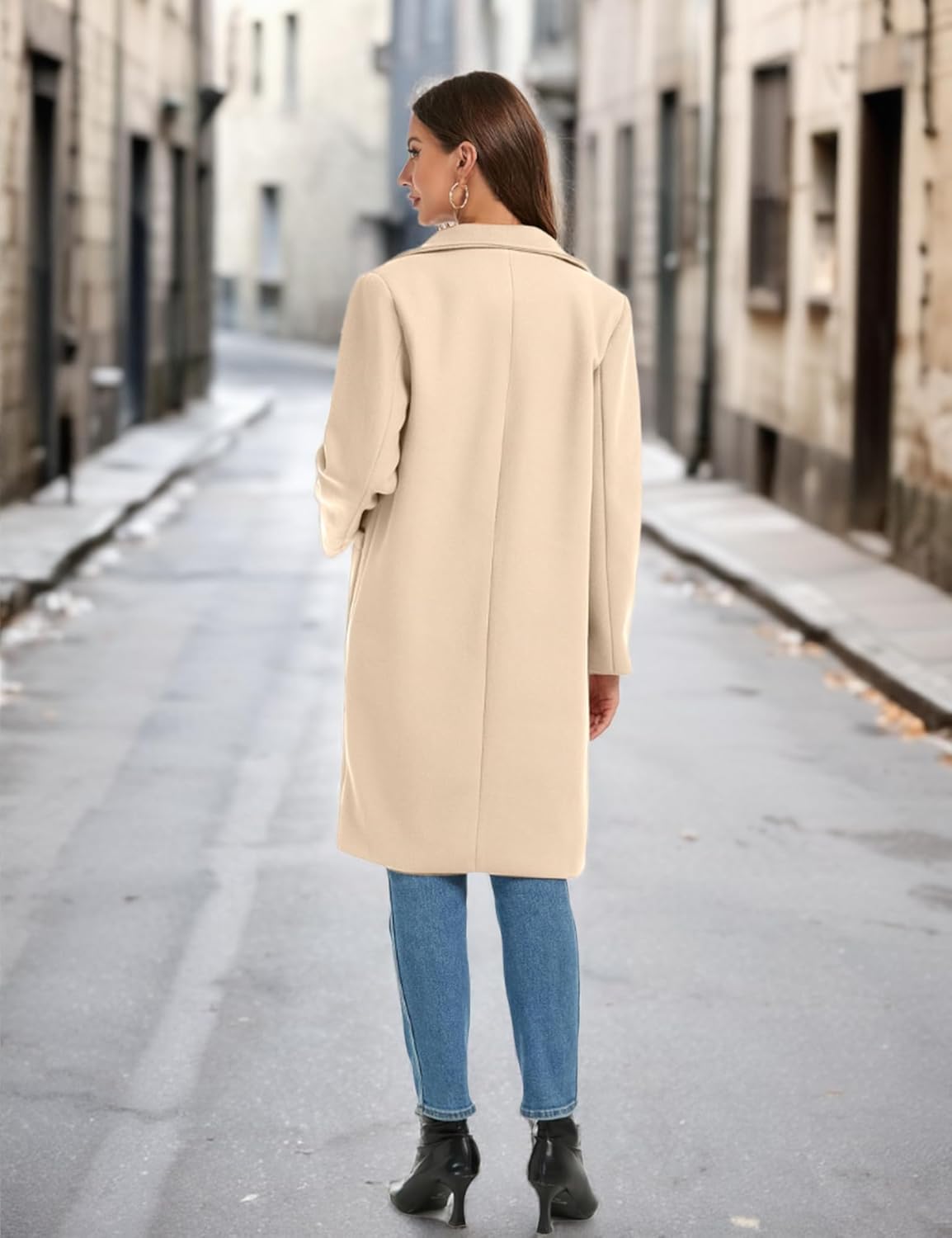 Omoone Women's Winter Wool Blend Coat Notch Lapel Mid Long Single Breasted Pea Coat Jacket Outwear