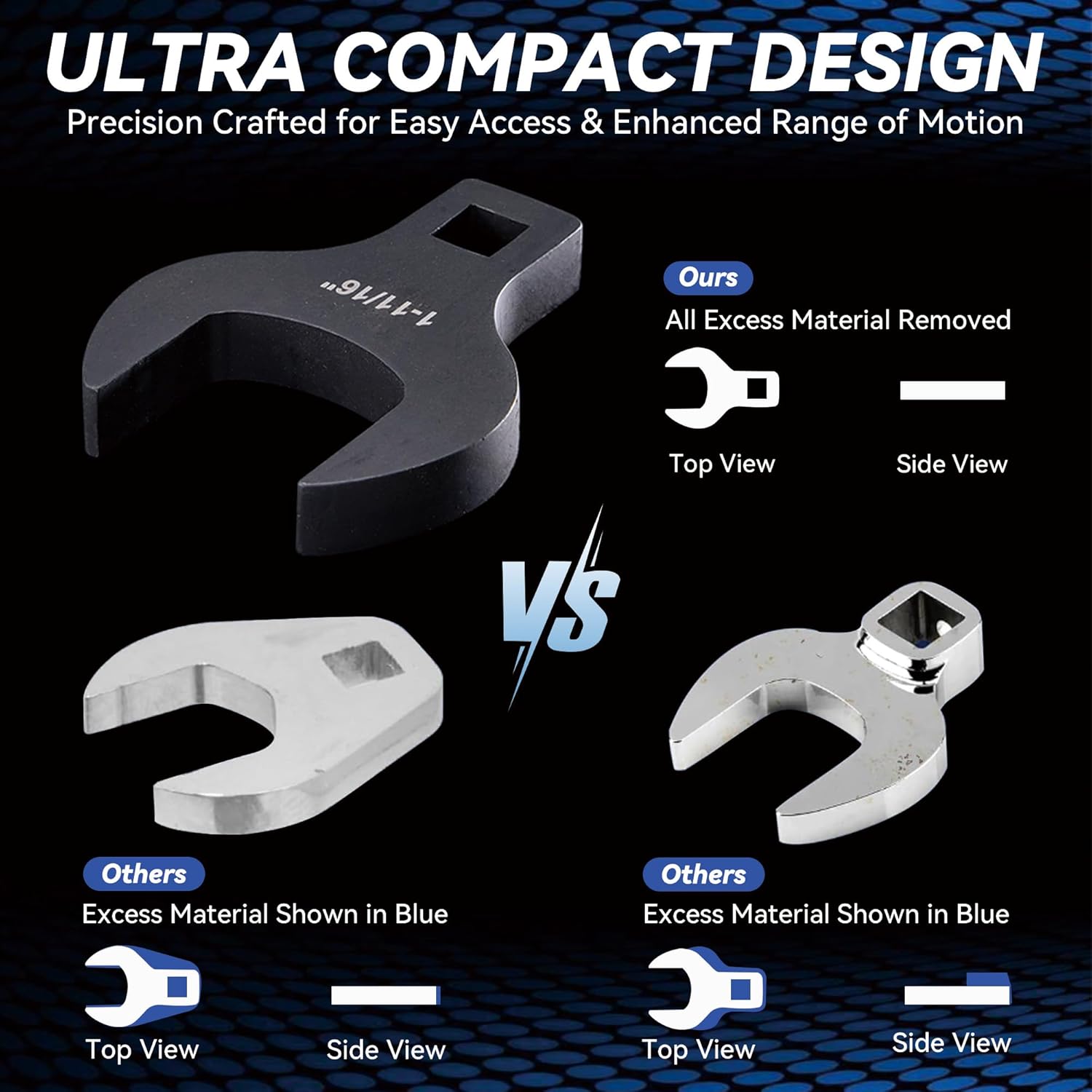 14 Piece Crows Foot Wrench Set, SAE Shockit Crows Foot for 1-1/16" to 2" Flare Nuts for 1/2" Drive Rachets & Extenders, Blackened Cr-V Steel Crowfoot Wrenches
