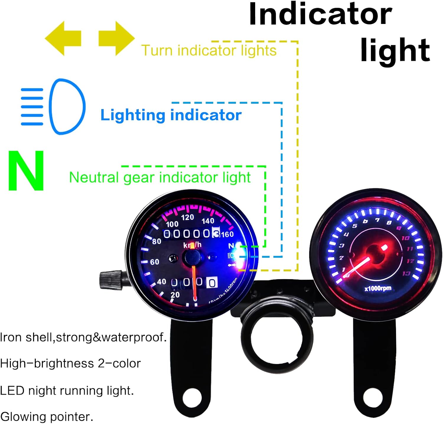 Motorcycle Gauge Combo 13000 RPM Tachometer 0-160km/h Speedometer Odometer with Backlit LED Stainless Steel Mounting Brackets Kit for Yamaha Suzuki Honda Kawasaki