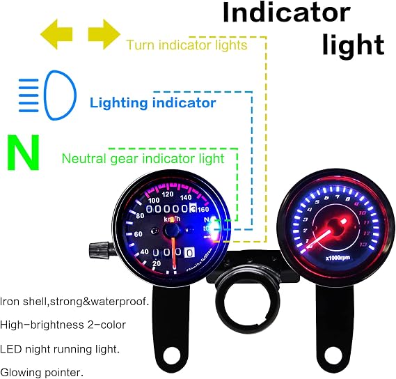 Motorcycle Gauge Combo 13000 RPM Tachometer 0-160km/h Speedometer Odometer with Backlit LED Stainless Steel Mounting Brackets Kit for Yamaha Suzuki Honda Kawasaki