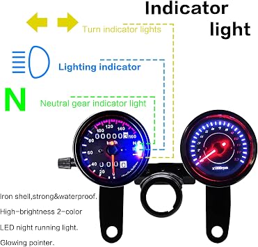 Motorcycle Gauge Combo 13000 RPM Tachometer 0-160km/h Speedometer Odometer with Backlit LED Stainless Steel Mounting Brackets Kit for Yamaha Suzuki Honda Kawasaki
