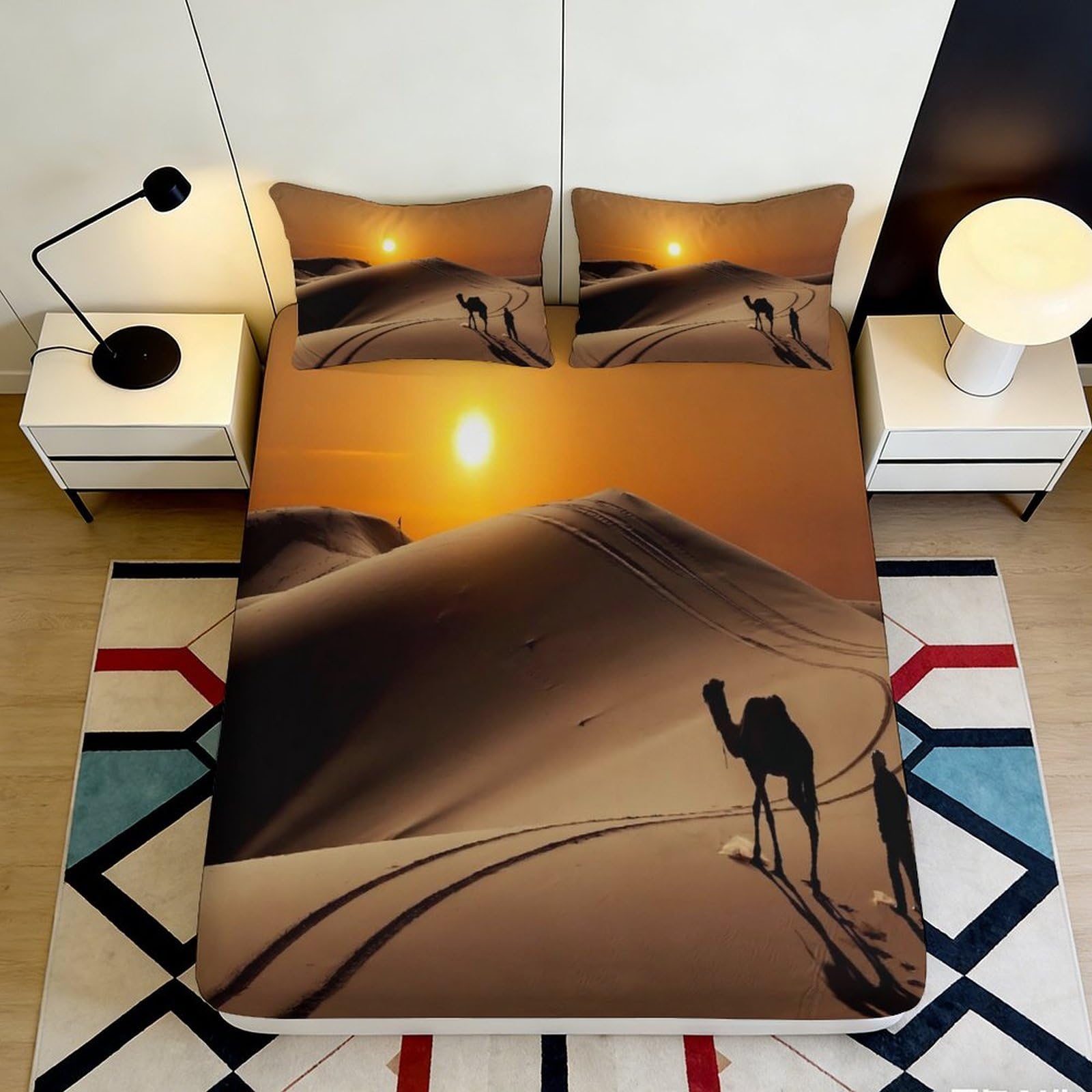 3D Printed Desert Sunset Fitted Sheet Microfiber Soft Sand Dune Camel Mattress Cover for Bedroom Guest Room Decor 90x200x25cm