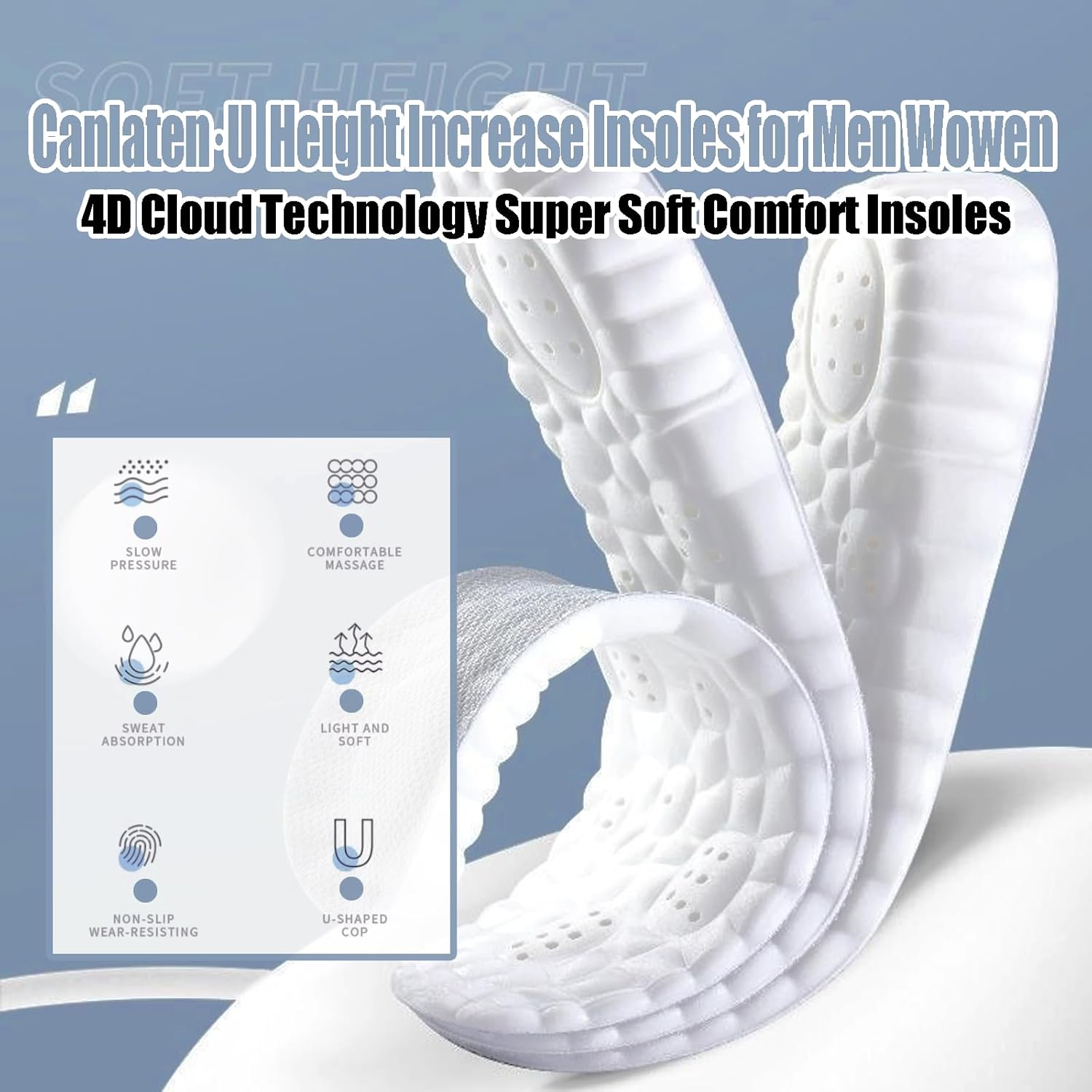 4D Cloud Height Increase Insoles for Men Wowen - Cloud Tech Insole, Soft Memory Foam Insoles, Comfort Steppers Height Increase Insoles Trim to Fit for Men Women (Black, 1.4-in US Men 8-11) - Image 2