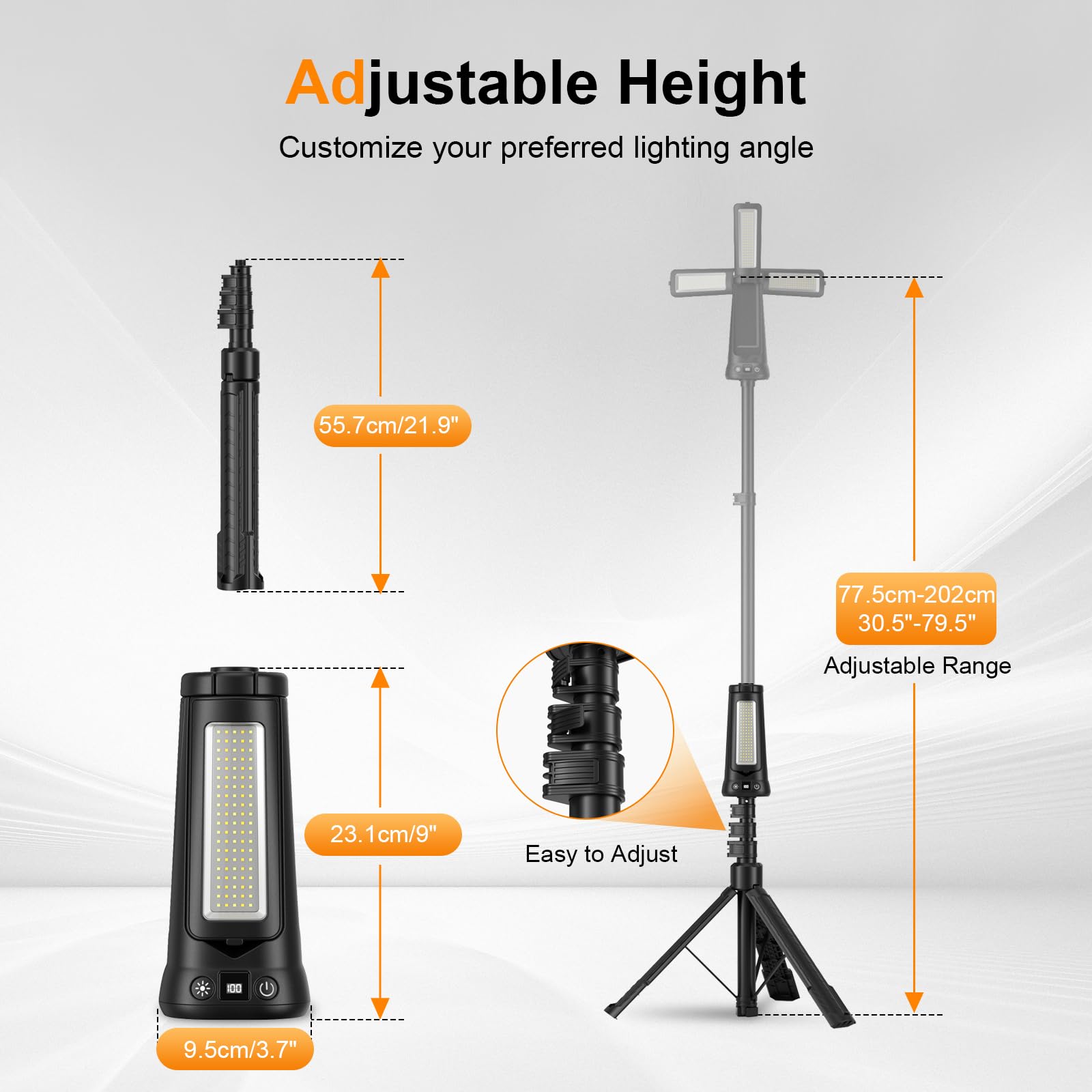 Faro LED Ricaricabile con Telecomando e Treppiede Telescopico（79,5 in), 9000LM Ultra Luminoso Faretto a Batteria,3+1 Teste Luminose, 9000 mAh, Faro da Cantiere per Officine Sport Campeggio Emergenze