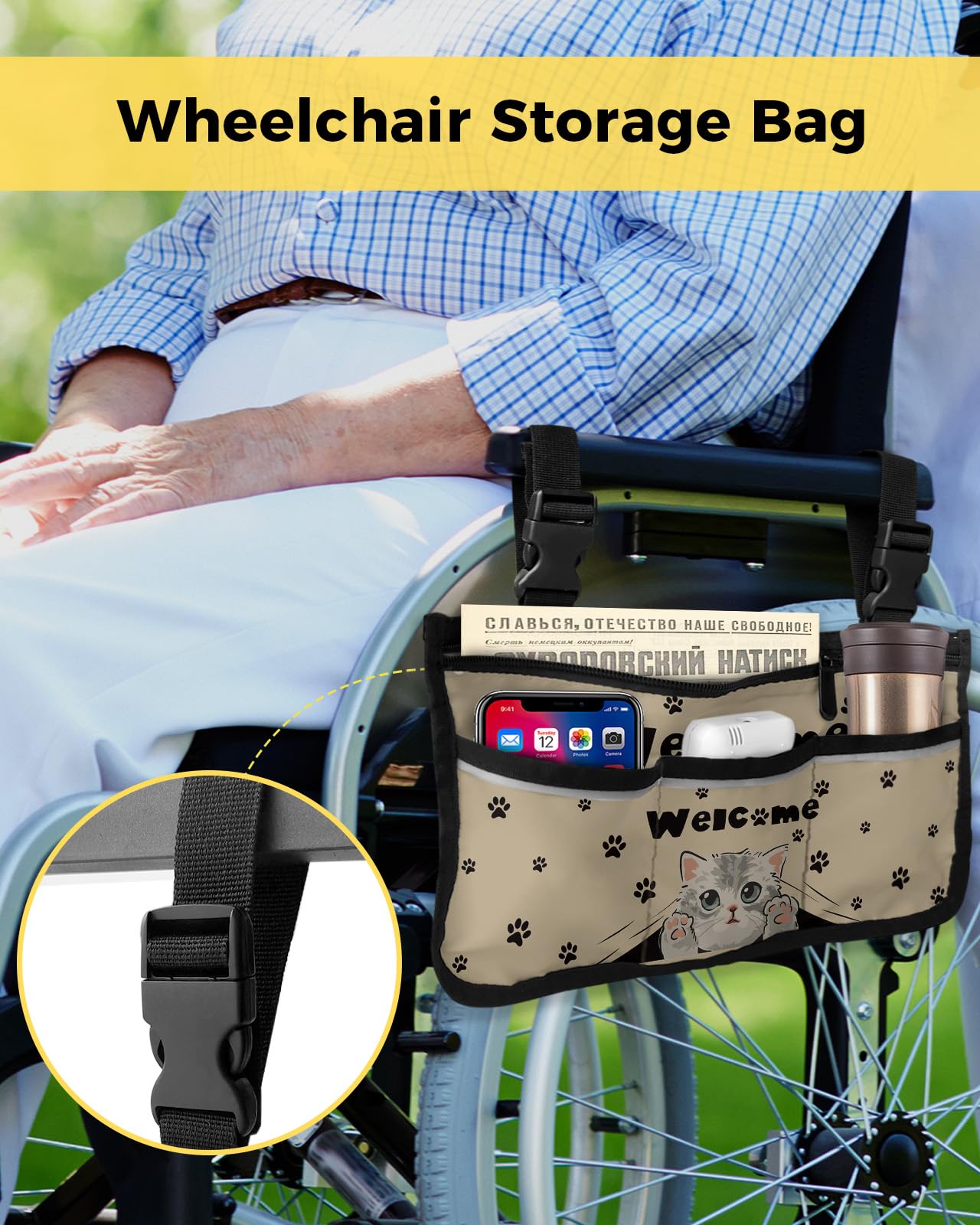 Adorable Cat Welcome Wheelchair Side Bag Walker Bag, Retro Paws Footprints Wheelchair Accessories Armrest Pouch, Organizer Storage Bag for Walkers, Rollators, Scooters, 7.3''x13''