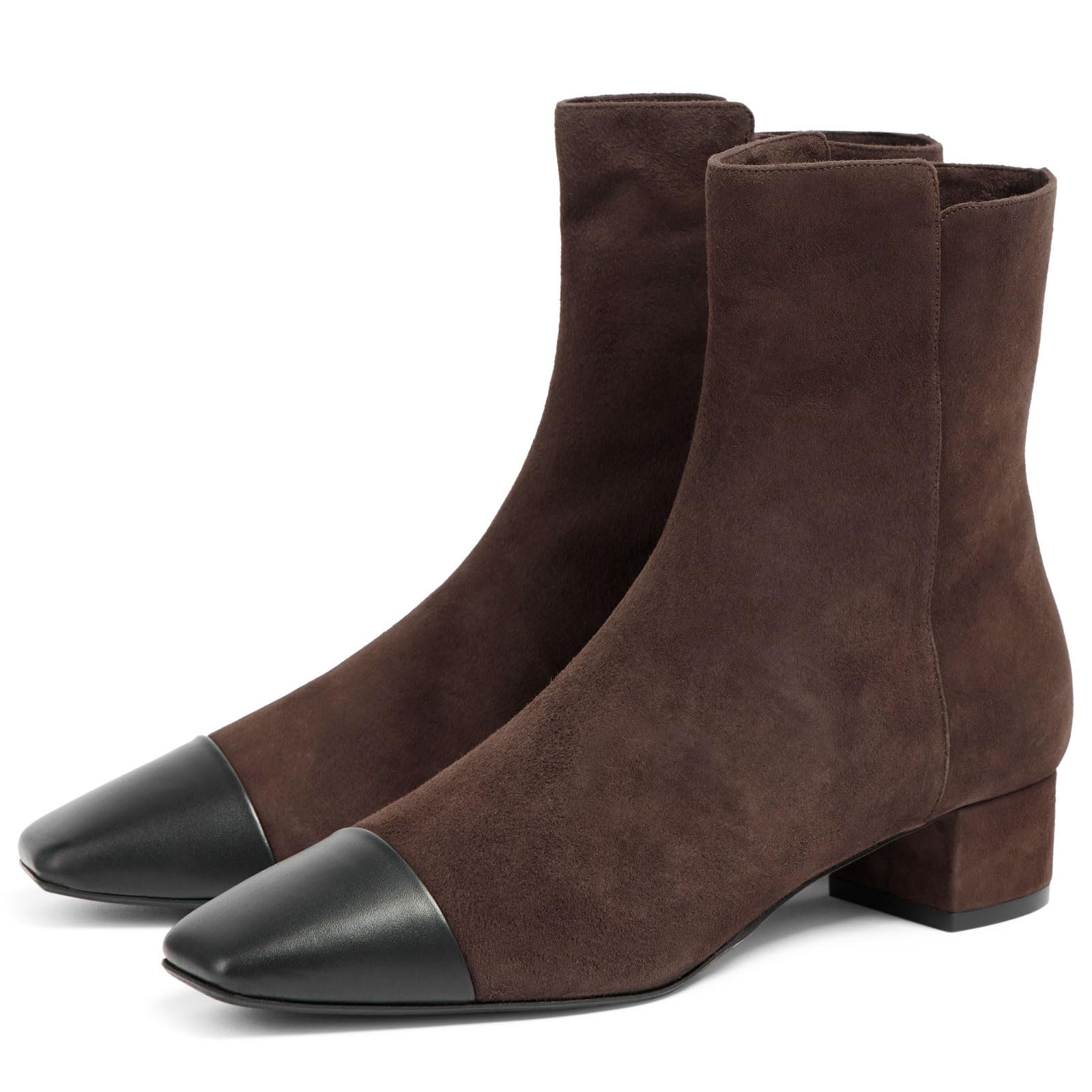 Womens Chunky Heel Cap Toe Ankle Boots Fashion Two Toned Square Toe Side Zipper Mid Block Heel Short