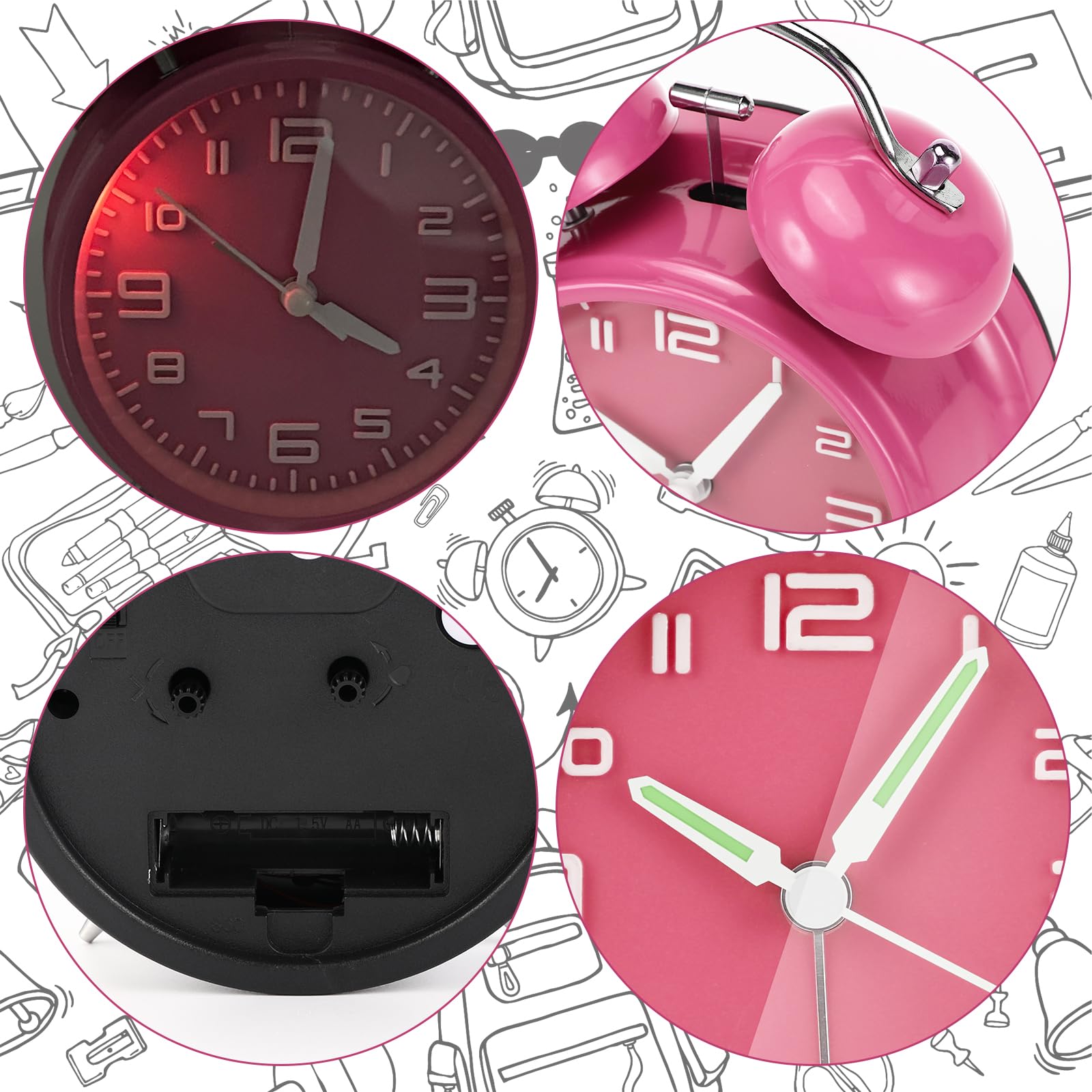Gowkeey Réveil à Double Cloche Vintage Rose - Analogique Silencieux Avec Veilleuse Et Aiguilles Lumineuses