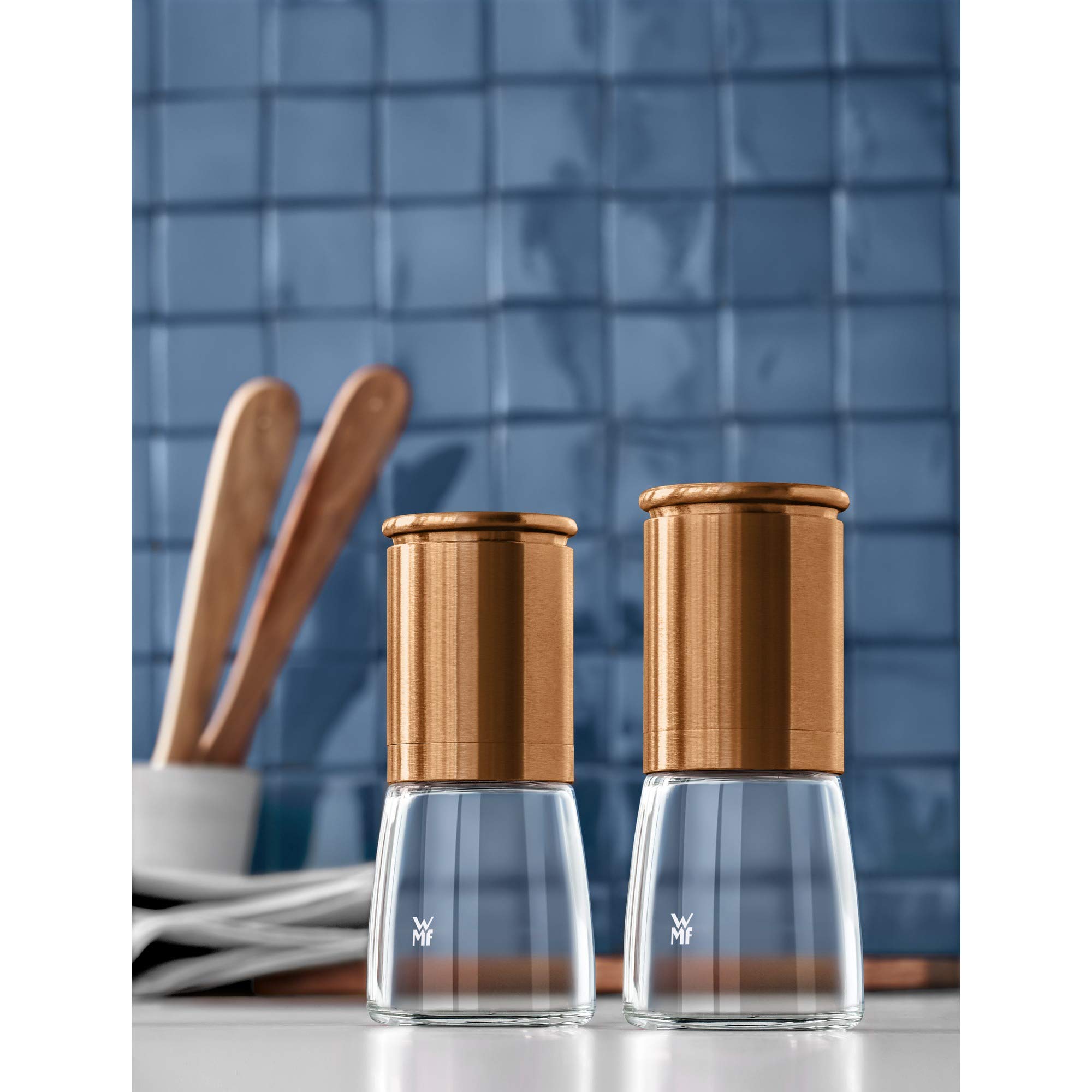 WMF De Luxe Lot de 2 moulins à sel et à poivre vides en verre 14 cm Moulin en céramique pour sel, poivre, piment et piment Cuivré