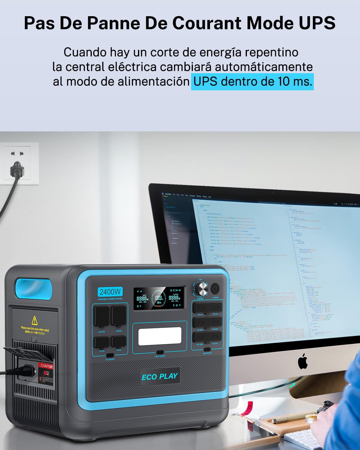 Eco Play Generateur Electrique Portable 2400W(4800W Pic), 2048Wh LiFePO4 Batterie de Secours,Générateur Électrique Solaire pour Camping/Maison/Bureau (Avec Chariot à Main Pliable)