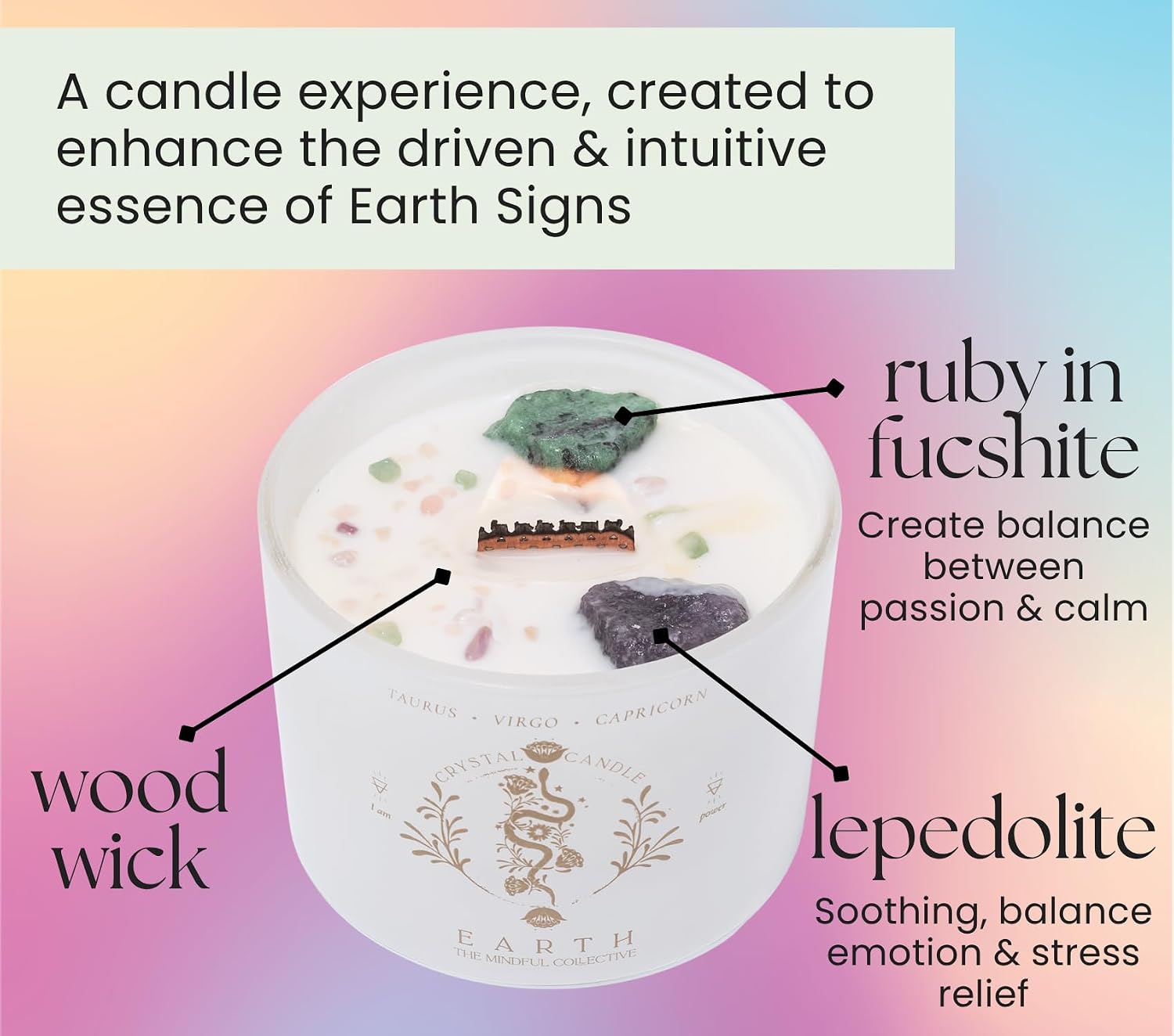 Taurus, Virgo, Capricorn Gifts for Women, Wood Wick Crystal Soy Candle