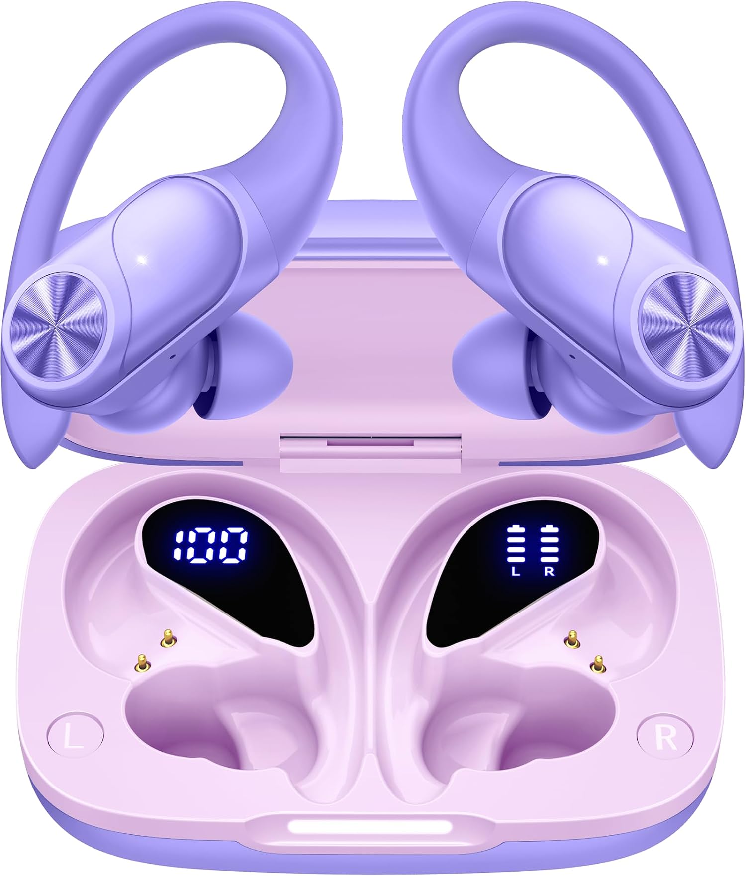 PocBuds Bluetooth Headphones Wireless Earbuds 80hrs Playtime Wireless Charging Case Digital Display Sports Ear buds with Earhook Deep Bass IPX7 Waterproof Over-Ear Earphones for TV Phone Laptop Purple