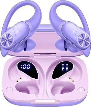 PocBuds Bluetooth Headphones Wireless Earbuds 80hrs Playtime Wireless Charging Case Digital Display Sports Ear buds with Earhook Deep Bass IPX7 Waterproof Over-Ear Earphones for TV Phone Laptop Purple