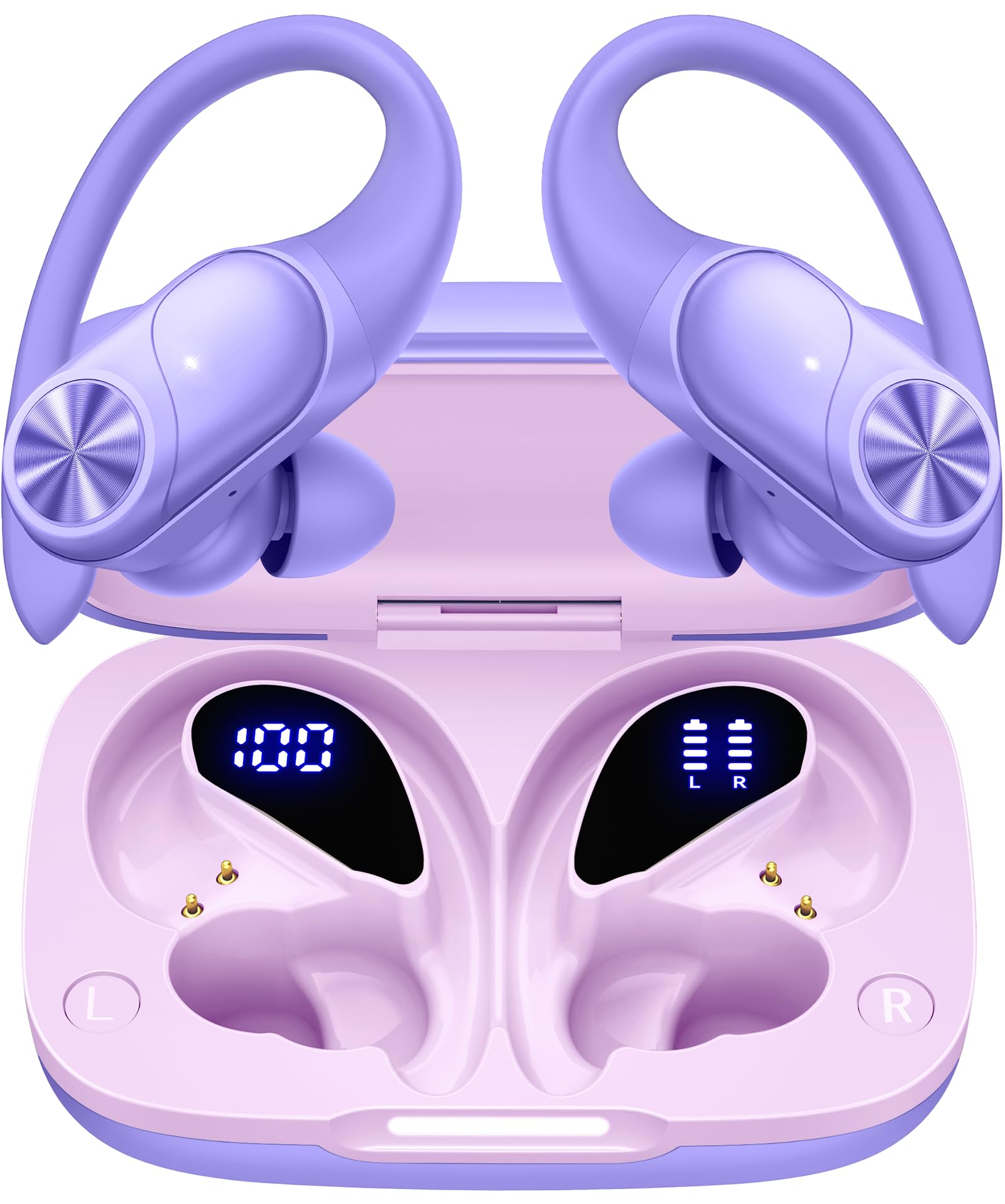 PocBuds Bluetooth Headphones Wireless Earbuds 80hrs Playtime Wireless Charging Case Digital Display Sports Ear buds with Earhook Deep Bass IPX7 Waterproof Over-Ear Earphones for TV Phone Laptop Purple