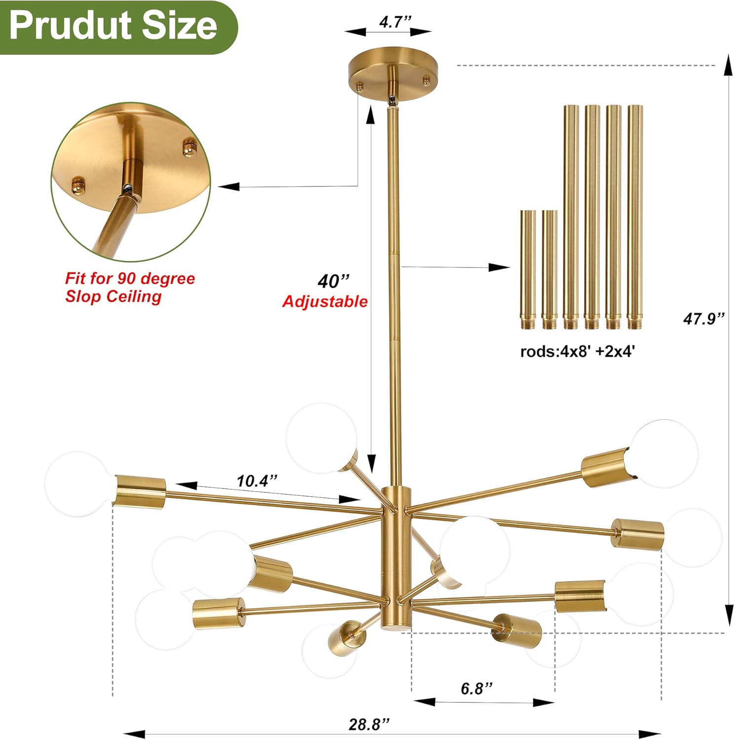 12-Light Modern Sputnik Chandelier, Mid Century Gold Ceiling Chandeliers, E26 Base, Branch Height Adjustable Pendant Lighting Fixture for Kitchen Island Dining Room Living Room Bedroom