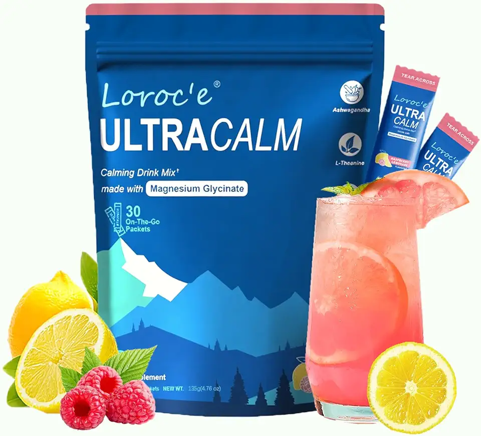 UltraCalm Cortisol Super Drink Packets, Magnesium Glycinate Powder, Sugar-Free, with Ashwagandha, L theanine, Vitamin D, Raspberry Lemonade Electrolytes Packets, 30 Sticks