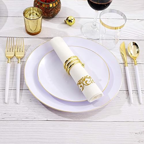 Miniatura 7 de Nervure 140 platos de plástico blanco y dorado, platos desechables dorados para fiesta, 20 platos llanos, 20 platos de postre, 60 cubiertos de