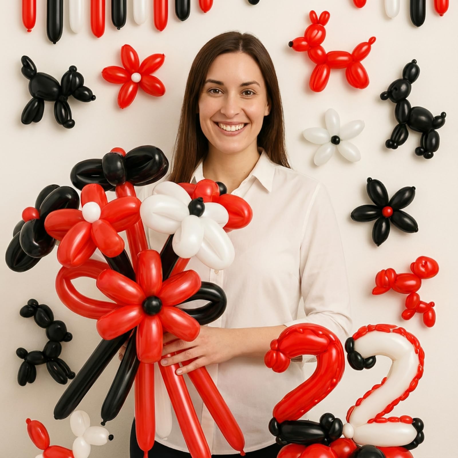 Photo 1 of 100 Pieces Long Twisting Balloons Latex Modelling Balloons for Art Animal Shape Party Weddings Birthdays Clowns Decorations Party Supplies(Black, Red, White)