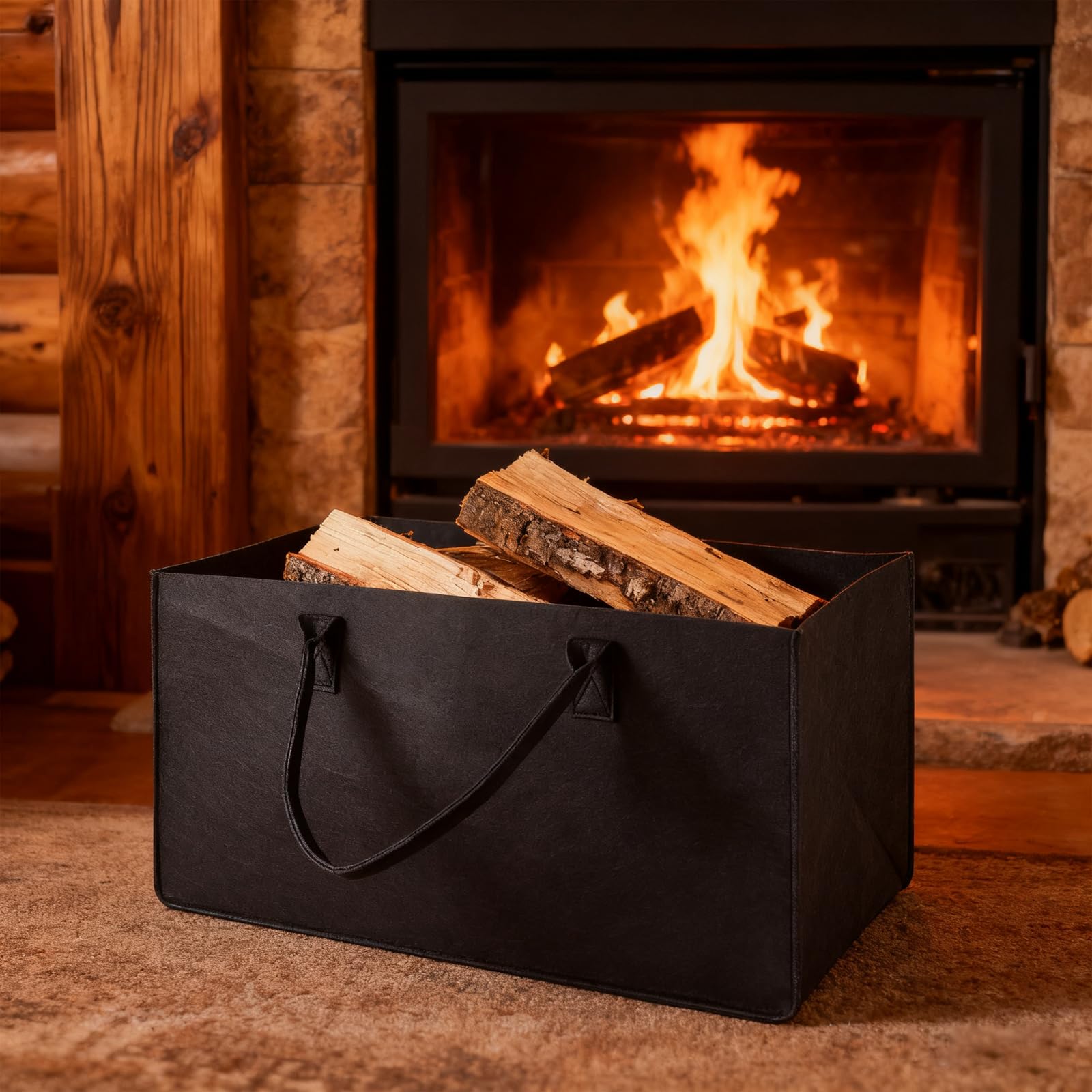 efuturetime Torba filcowa, 61 x 32 x 32 cm, 60 l kosze na drewno kominkowe z uchwytami, duży składany filcowy kosz na zakupy, wielofunkcyjny kosz na drewno, ubrania, zabawki, książki, czarny