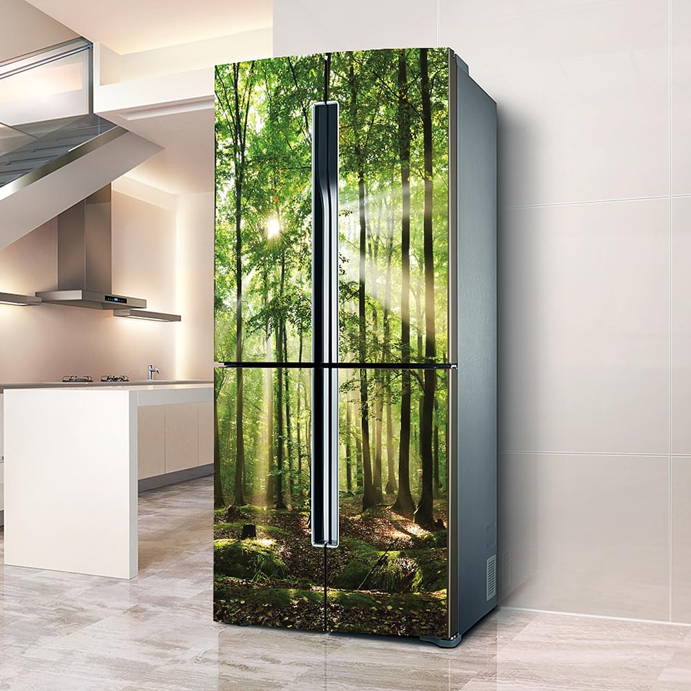 Fridge Stickers, Fridge Sticker Full Covering Door Covers Skins Wall Stickers for Kitchen Decal, Green Woods Sunlight Nature Tree(L: 100x180 cm)