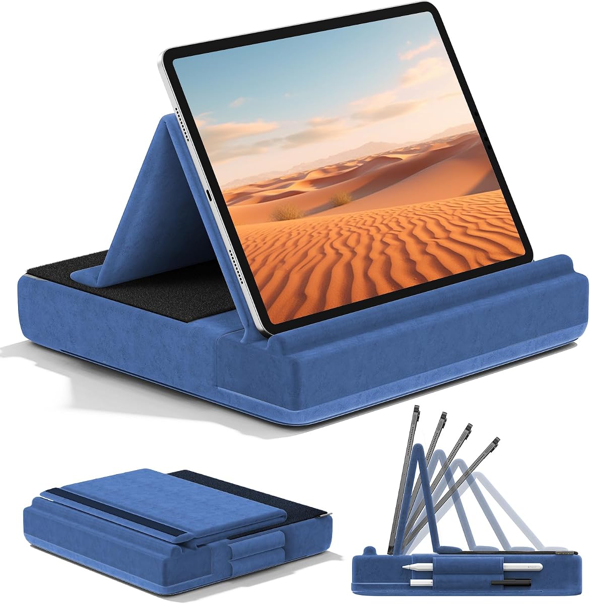 Tablet Pillow Stand, Multi-Angle Viewing Ipad Holder for Lap, Bed and Desk, Foldable Soft Pad Dock with Stylus Mount Compatible with Ipad Pro 12.9, 10.5, 11, Air, Mini, Phones, Books, E-Reader